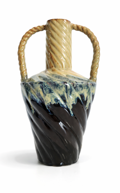 Vintage Drip Glaze Pottery Vase Dual Handle Brown Cream Studio Art Vase