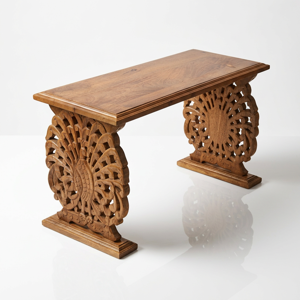 Carved Hardwood Console Table with Openwork Peacock Pedestal Supports in the Indo-Portuguese / Anglo-Indian Taste