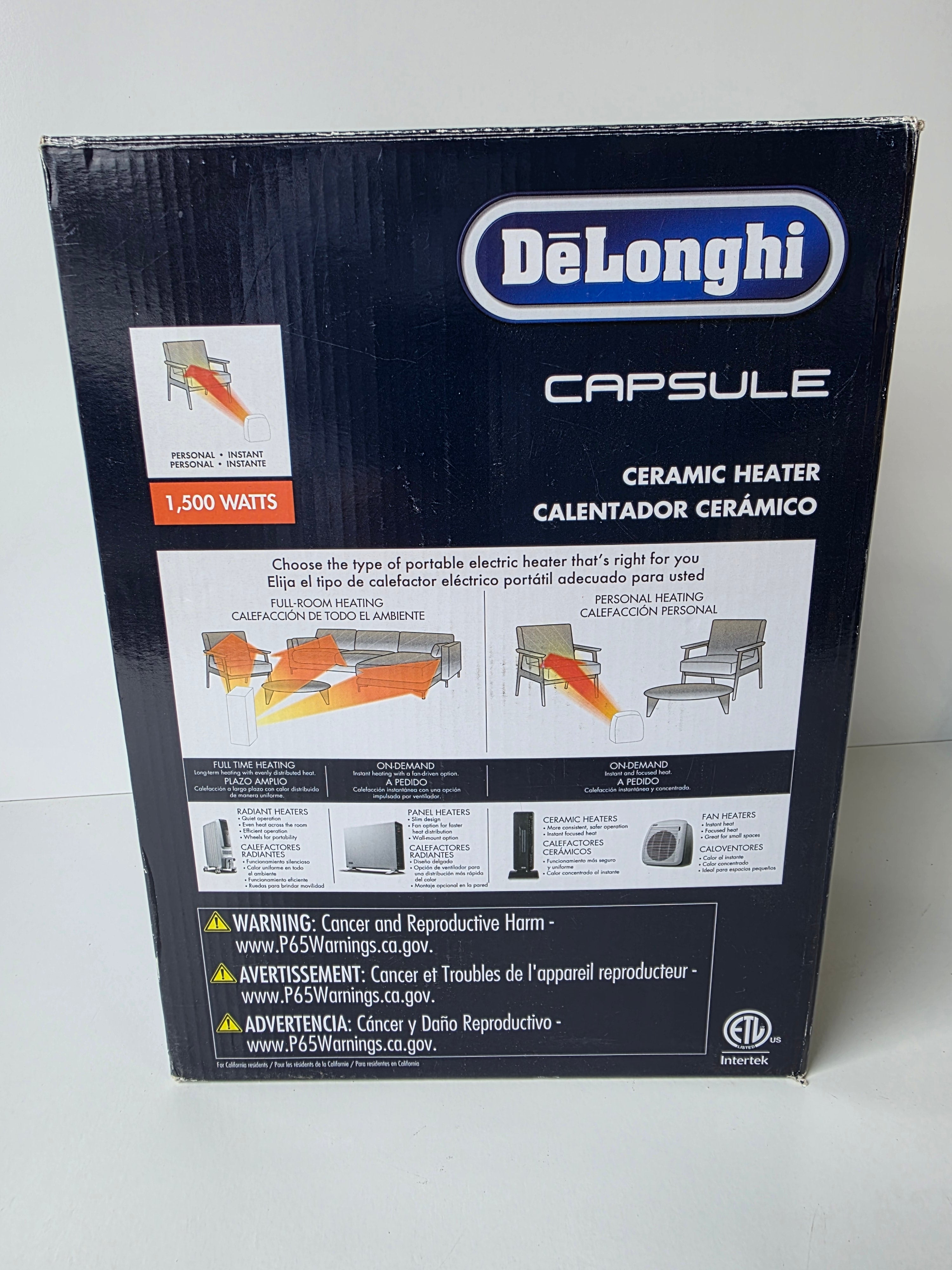 DeLonghi Capsule Ceramic Heater – 1500W Personal Space Heater (Model HFX10B03)