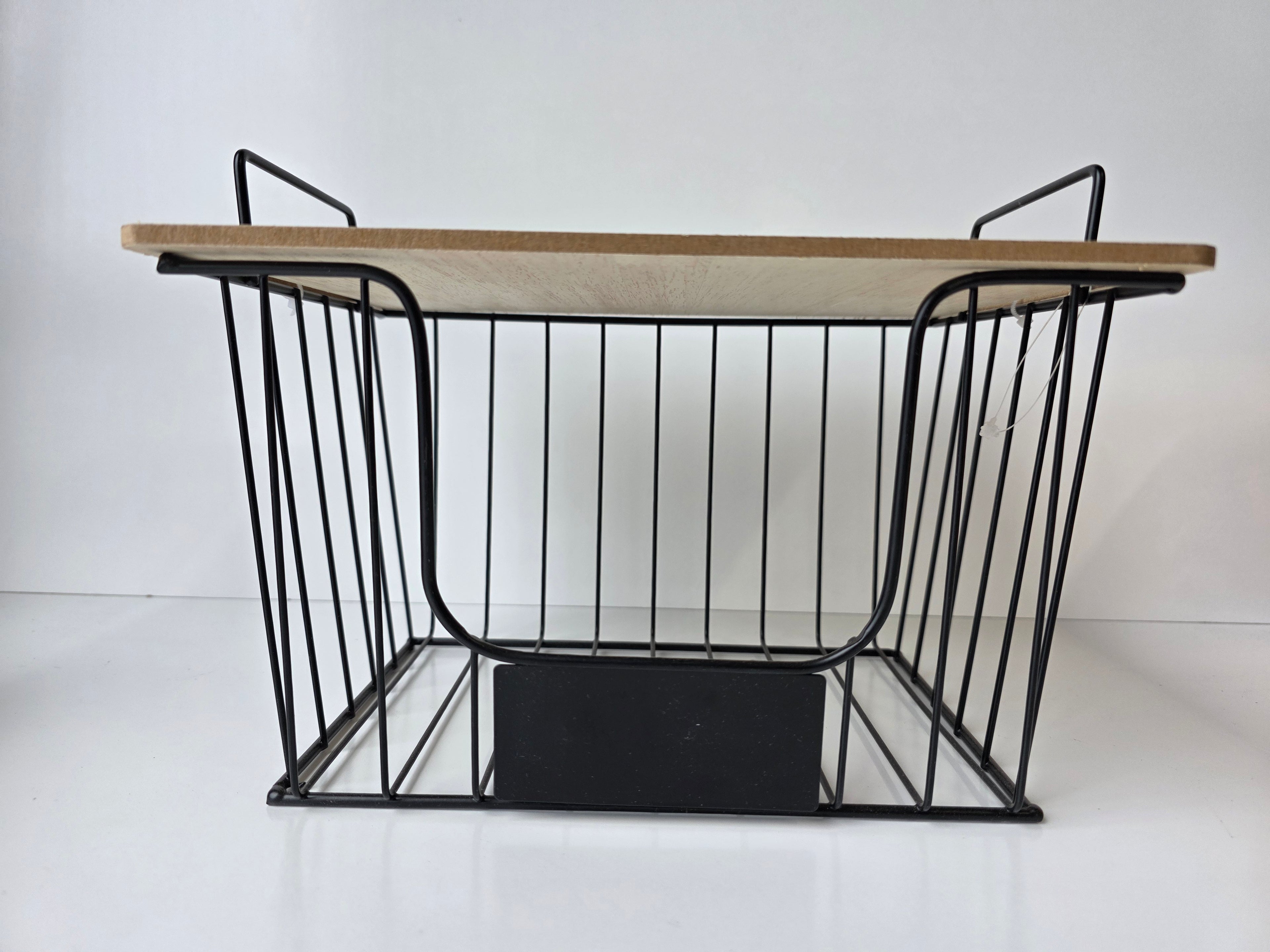 Modern Black Wire Storage Basket With Wood Lid Industrial Style Organizer Bin