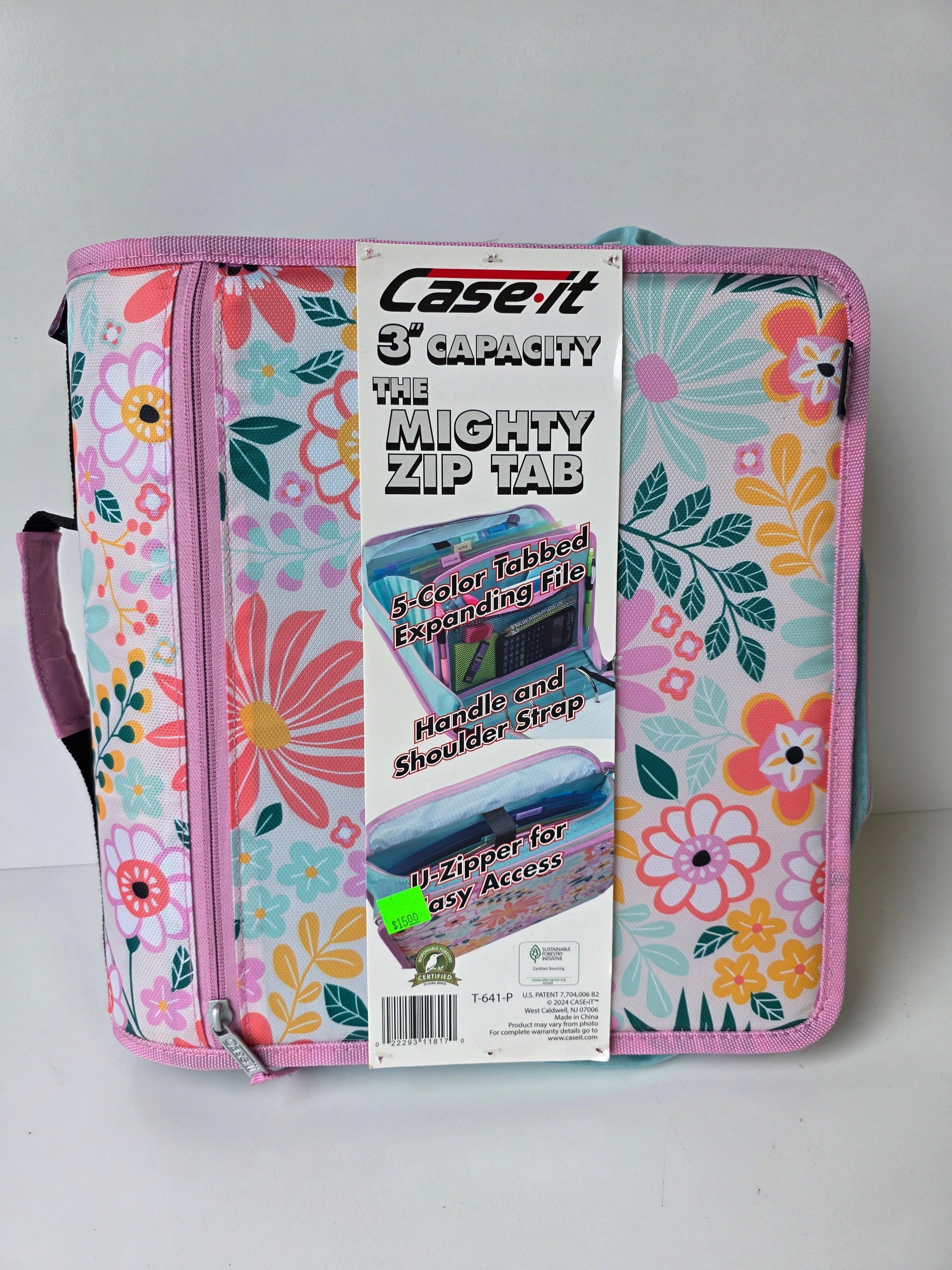 Case•It Mighty Zip Tab 3 Inch Floral Expanding Binder Organizer with Shoulder Strap