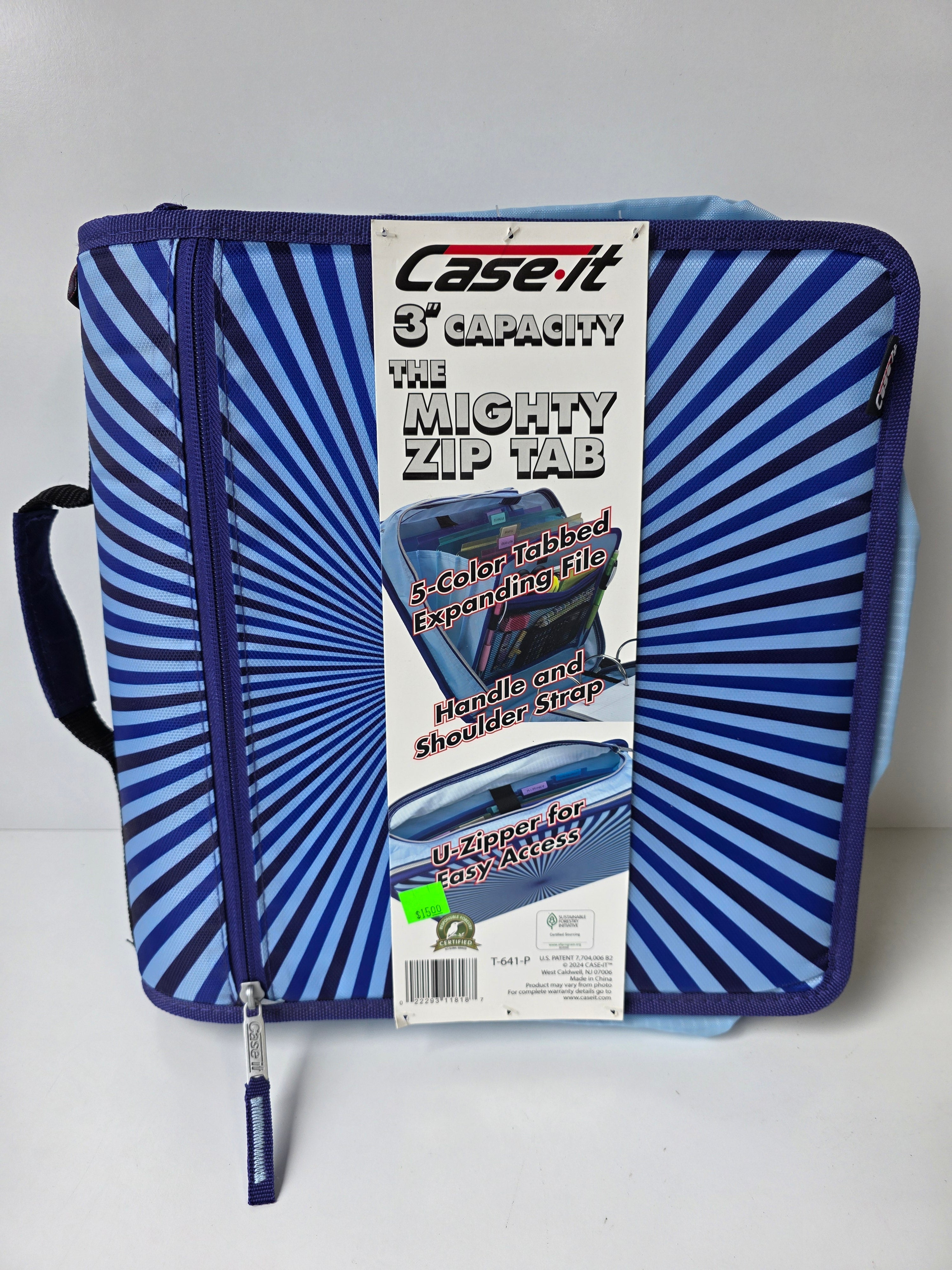 Case•It Mighty Zip Tab 3 Inch Blue Expanding Binder Organizer with Shoulder Strap