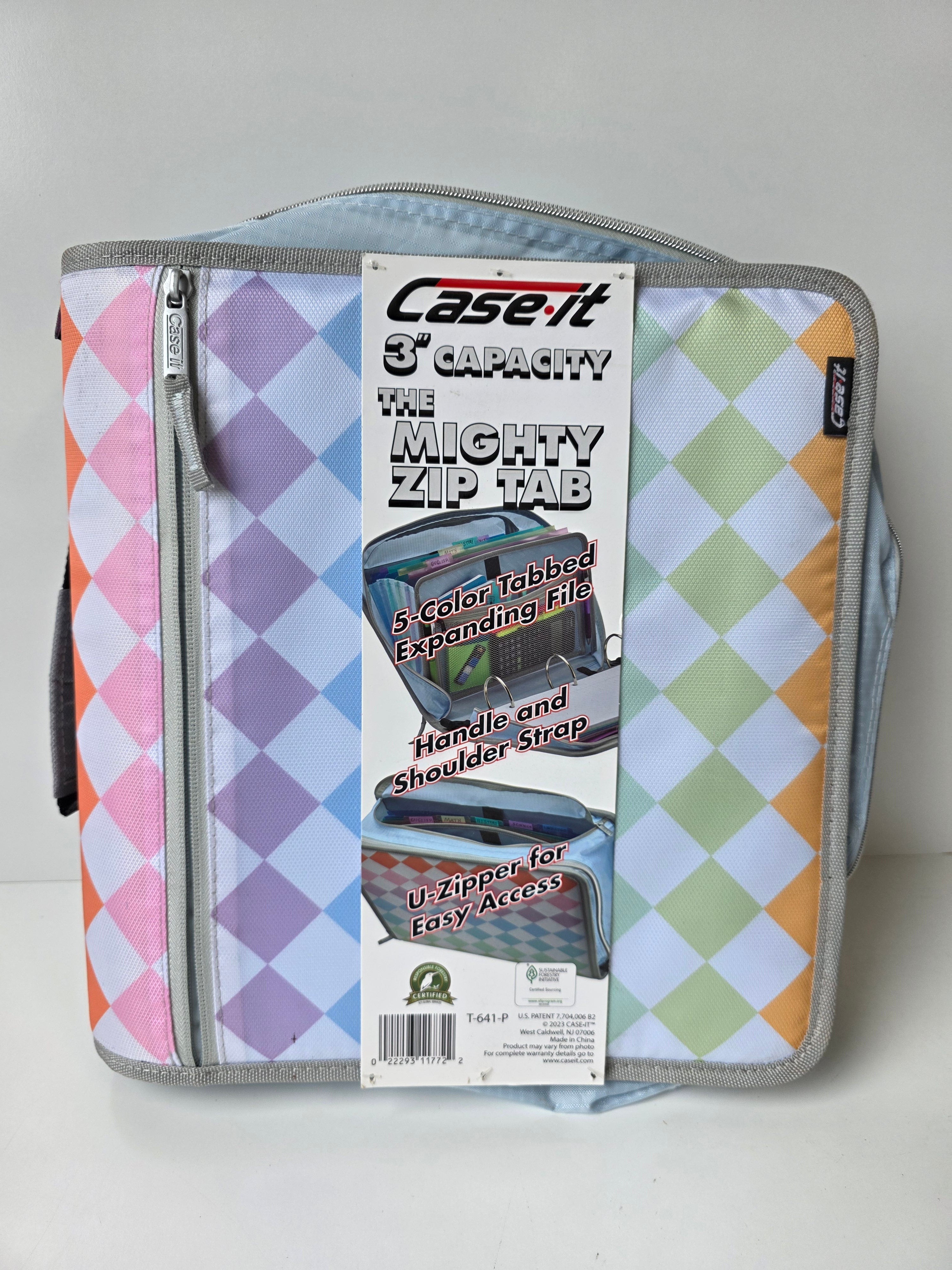 Case•It Mighty Zip Tab 3 Inch Pastel Argyle Expanding Binder Organizer with Strap