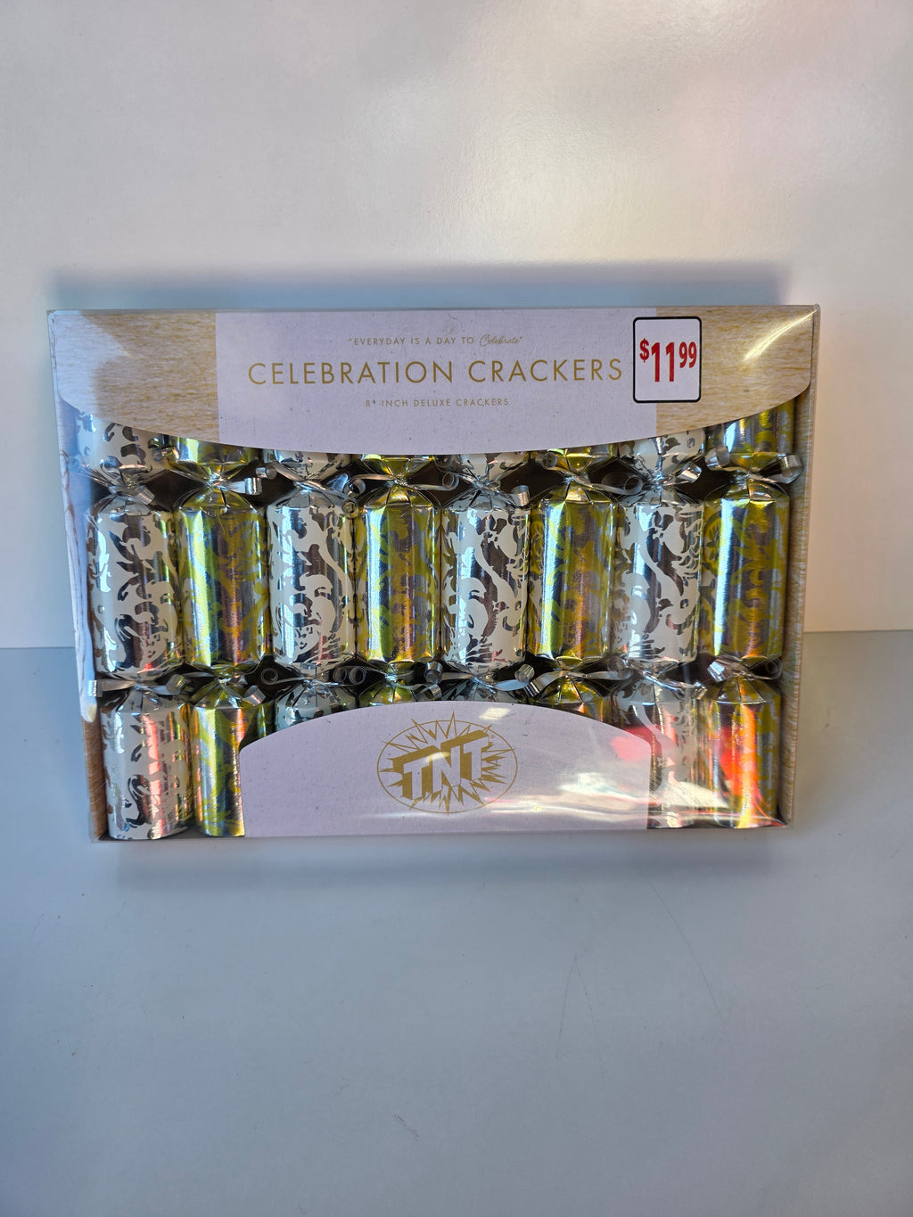TNT Celebration Crackers 8 Inch Deluxe Party Crackers Silver Gold Foil Set of 8
