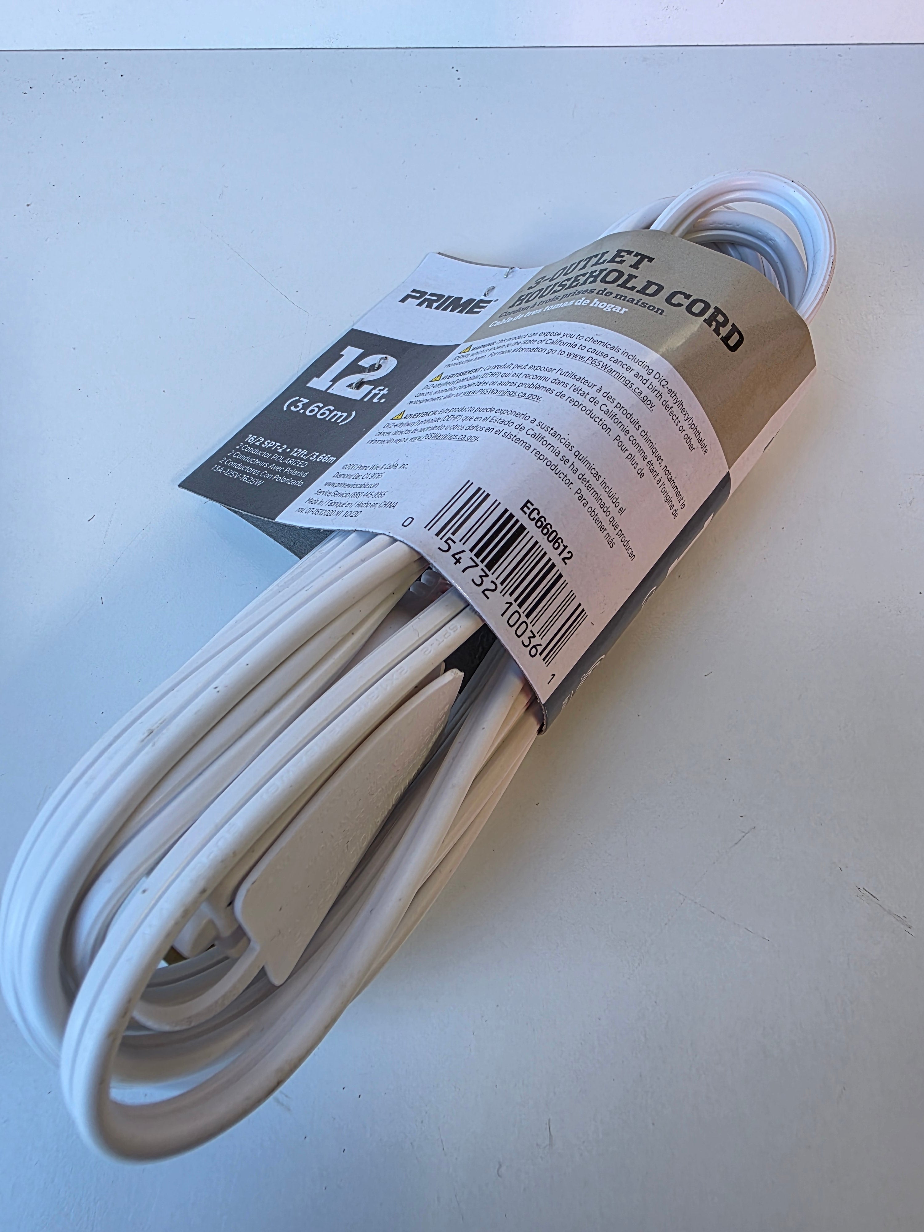 Prime 12 Foot 3 Outlet White Household Extension Cord Indoor Power Cable