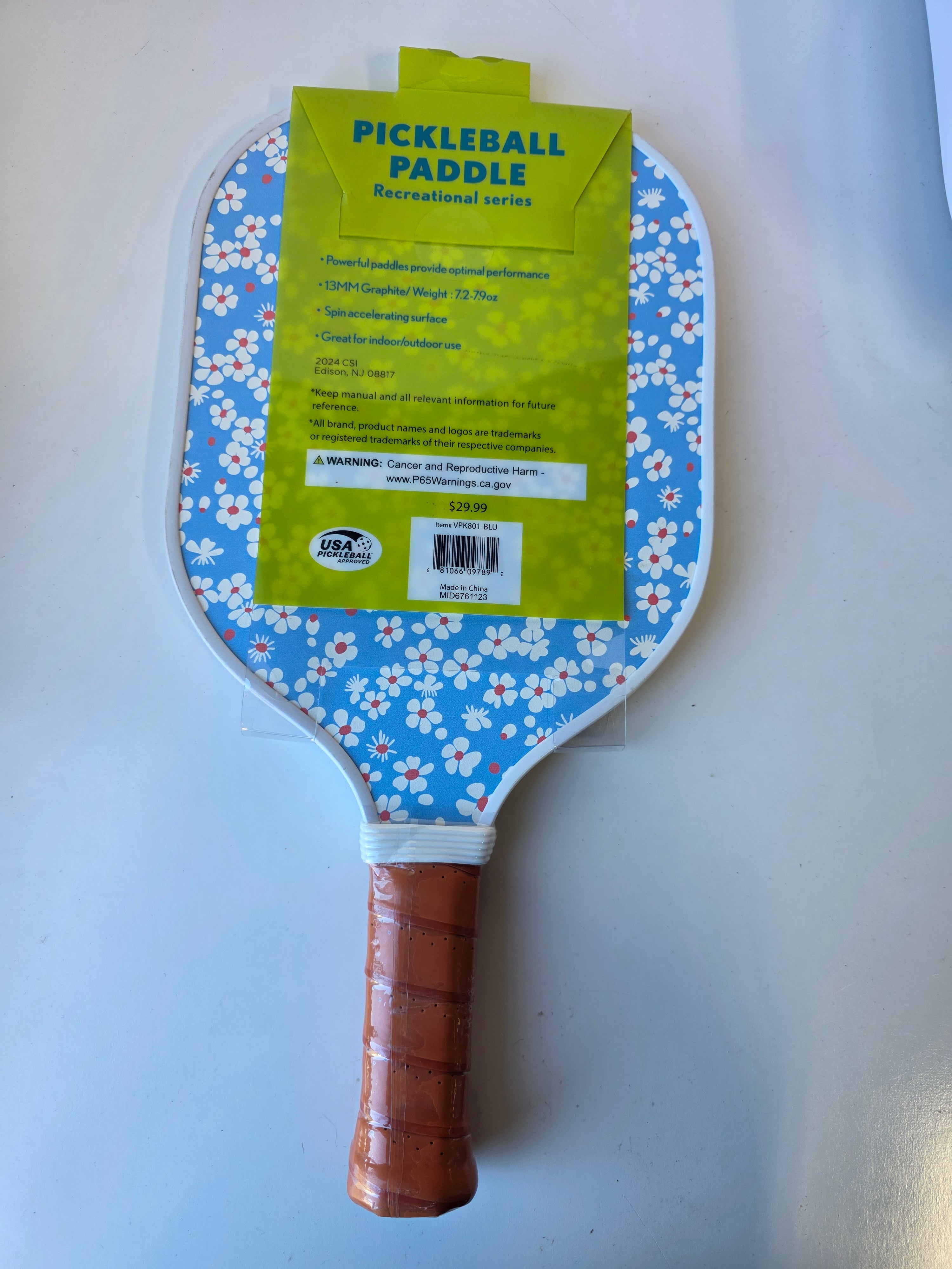 Blue Stripe & Floral 13mm Graphite Pickleball Paddle – USA Pickleball Approved Recreational Series