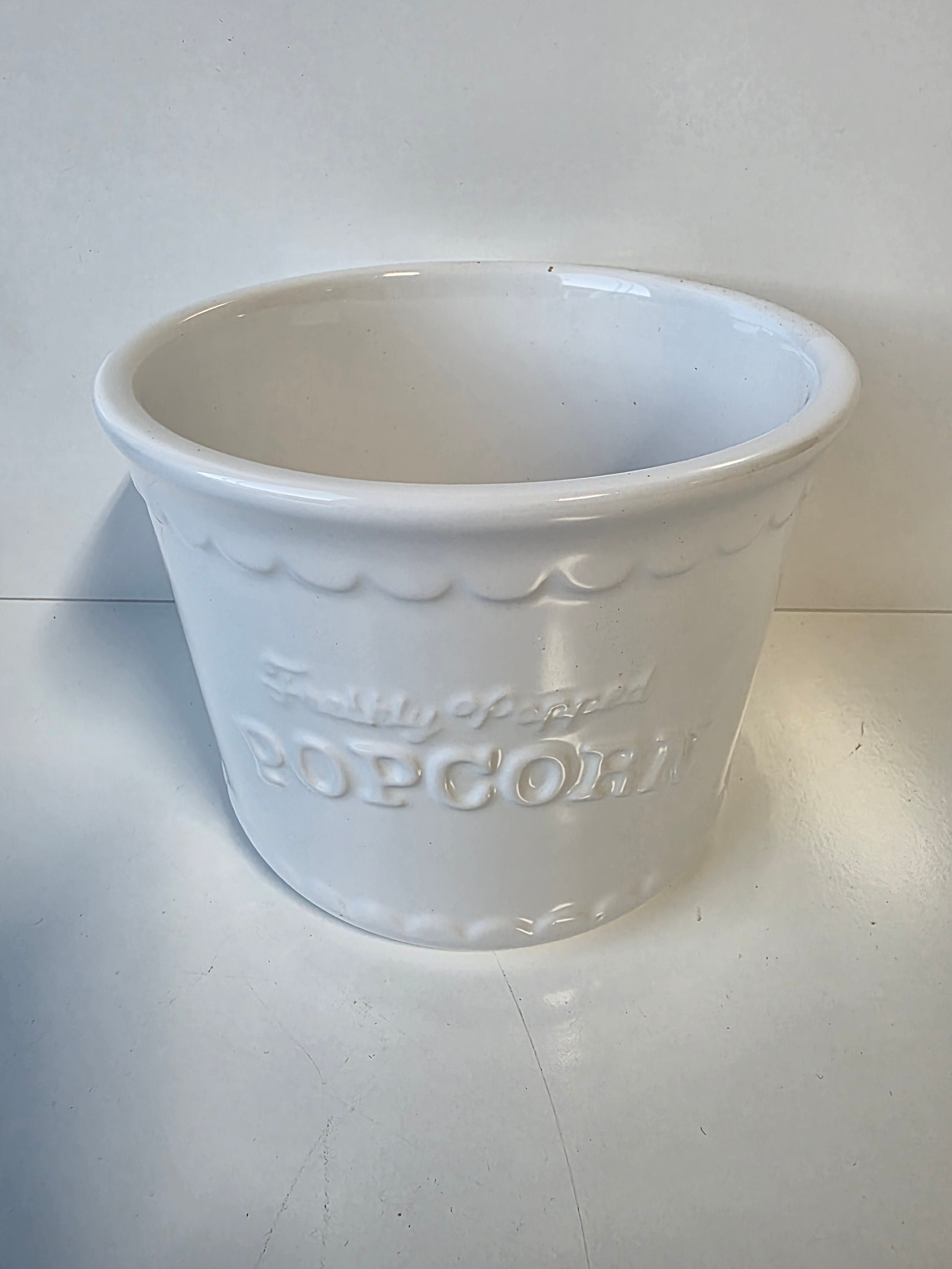 White Ceramic Popcorn Bowl Embossed “Freshly Popped Popcorn” Kitchen Movie Decor