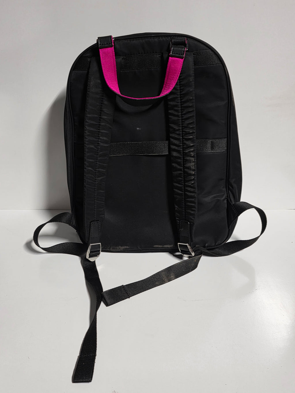 SJP Black Nylon and Faux Leather Backpack with Pink Trim Zipper Accent and Front Pocket