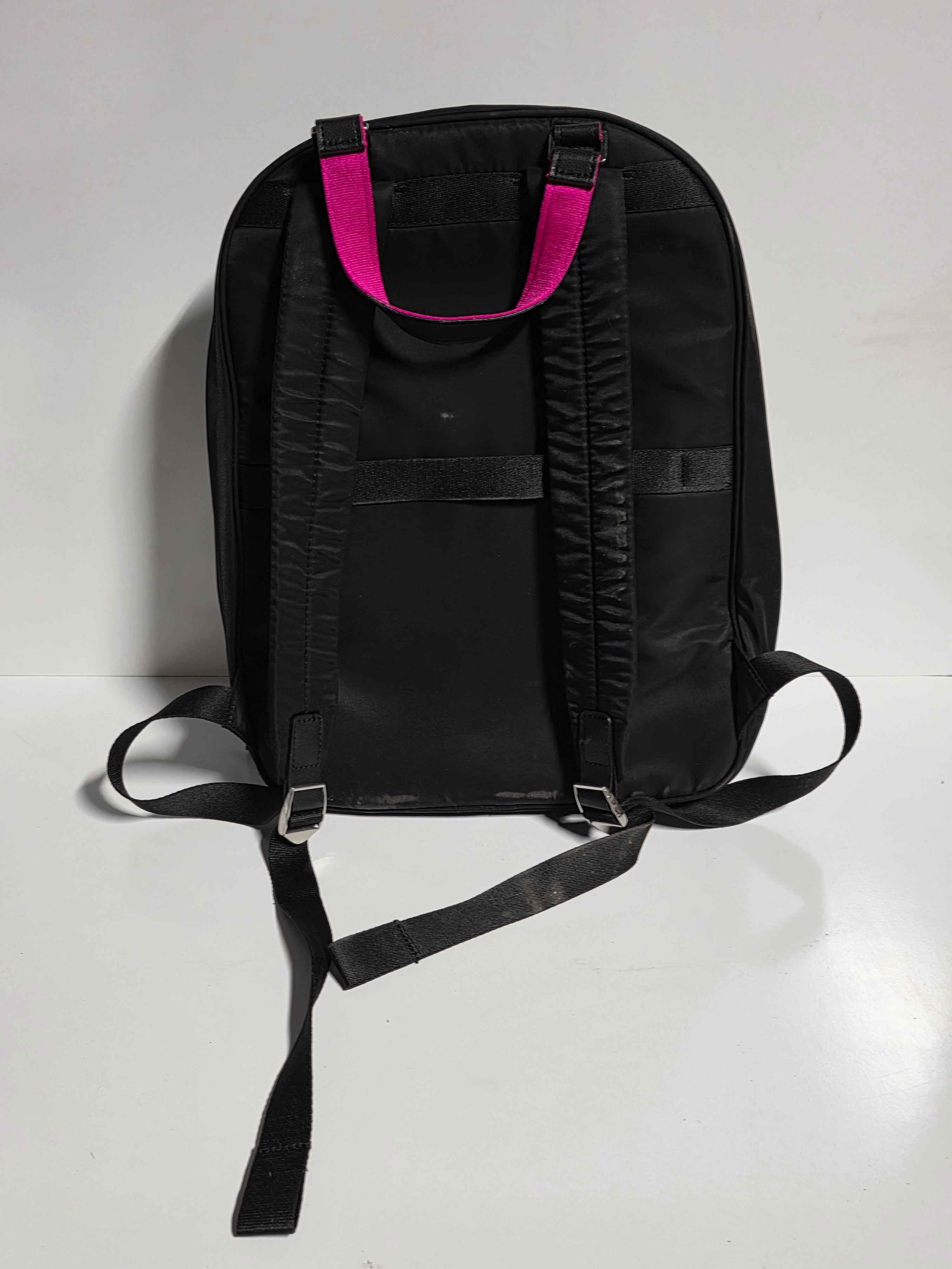 SJP Black Nylon and Faux Leather Backpack with Pink Trim Zipper Accent and Front Pocket