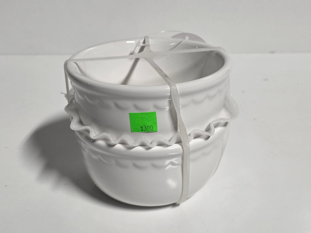 Set of Two White Ceramic Popcorn Bowls Decorative Embossed Rim Movie Night Serveware