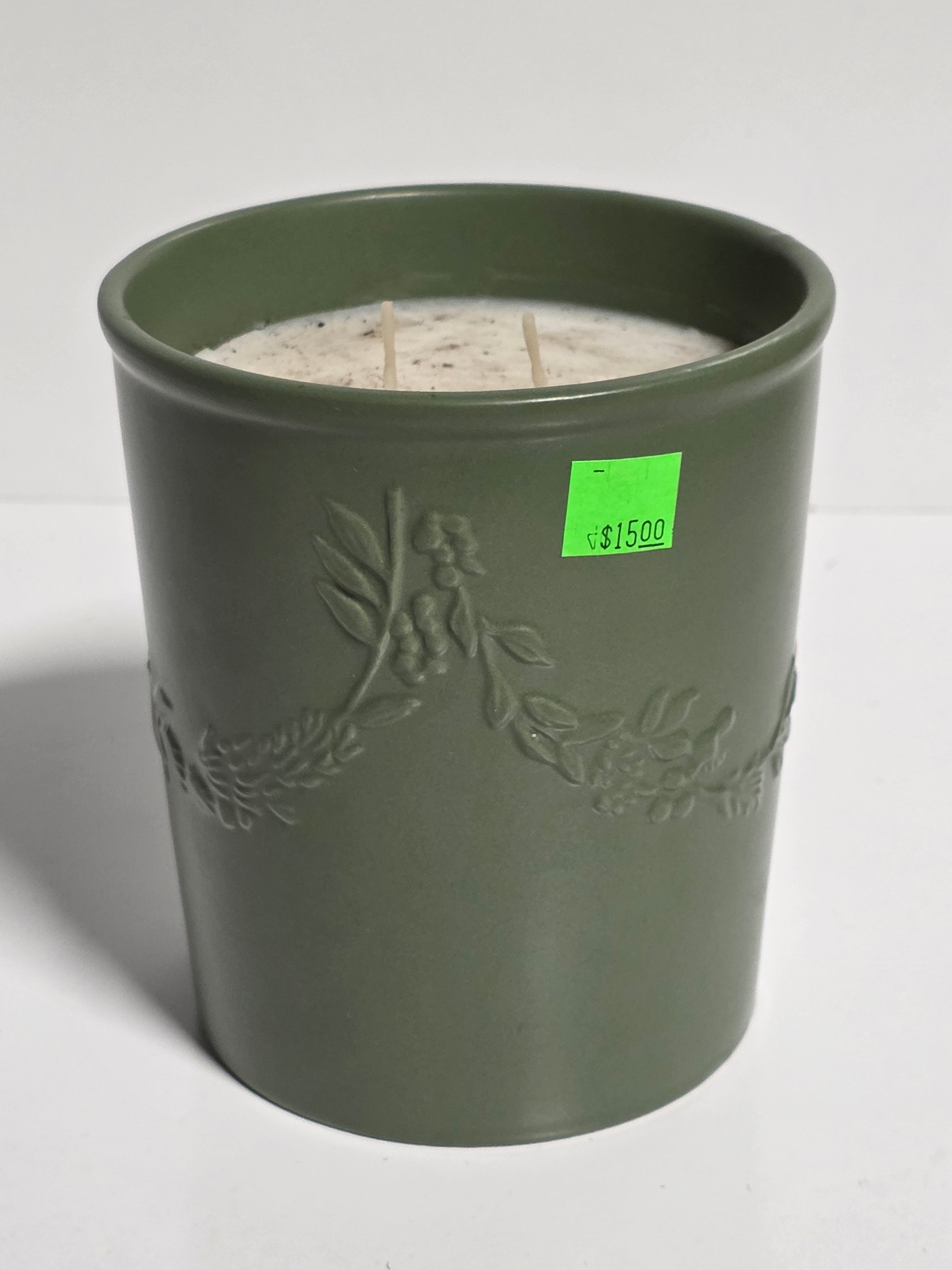 Green Ceramic Embossed Three Wick Candle Rustic Botanical Design Decorative Jar
