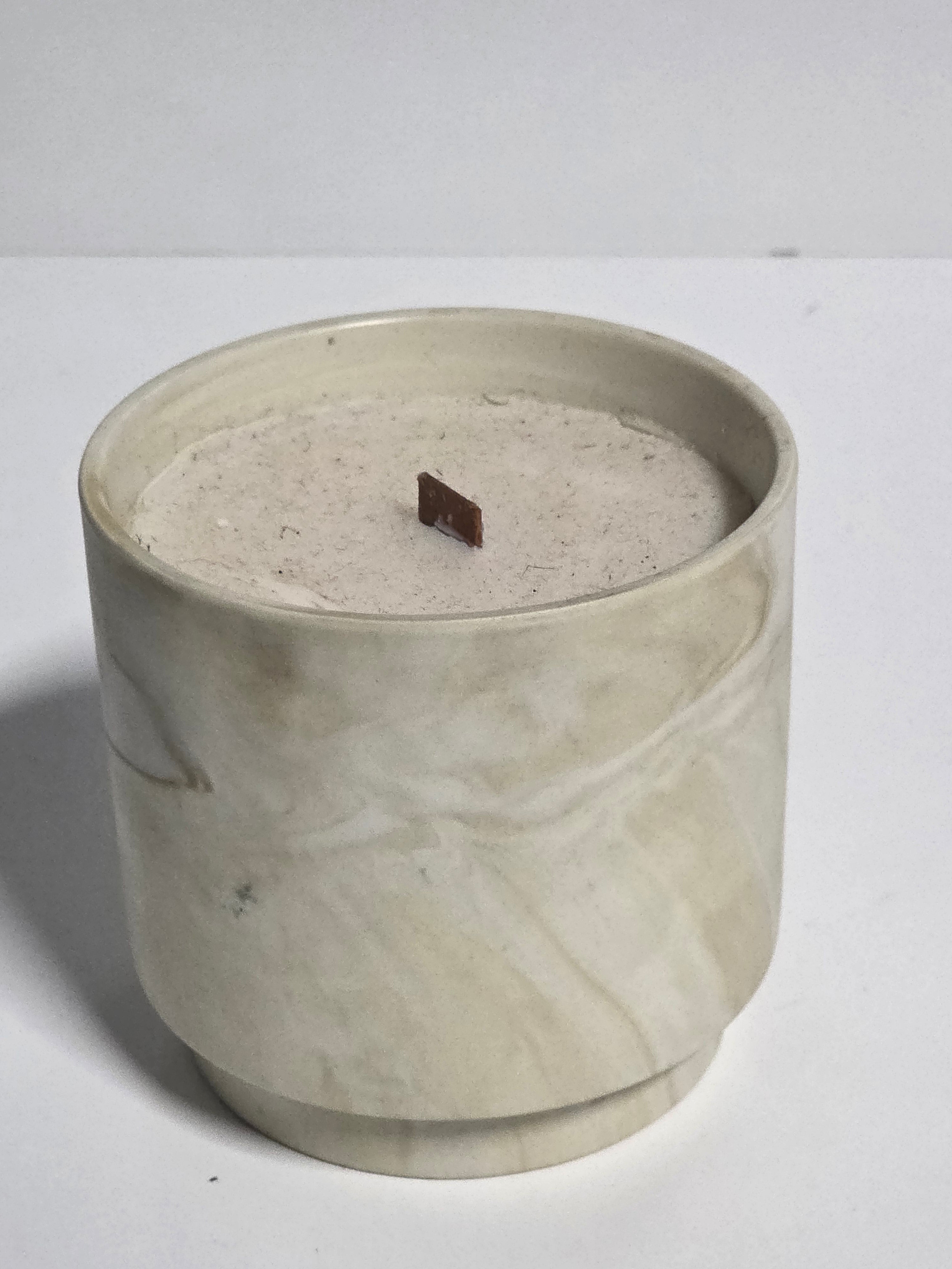 Marbled Ceramic Candle with Wooden Wick Neutral Beige Jar Decorative Home Accent