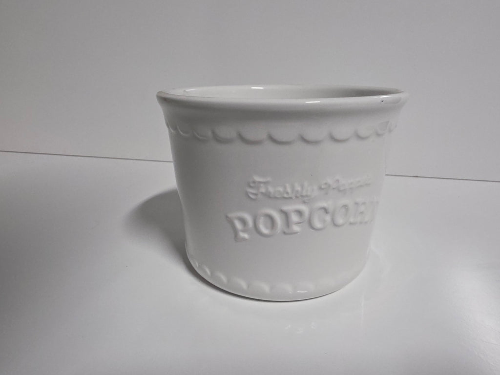 White Ceramic Popcorn Bowl Embossed Freshly Popped Design Microwave and Dishwasher Safe