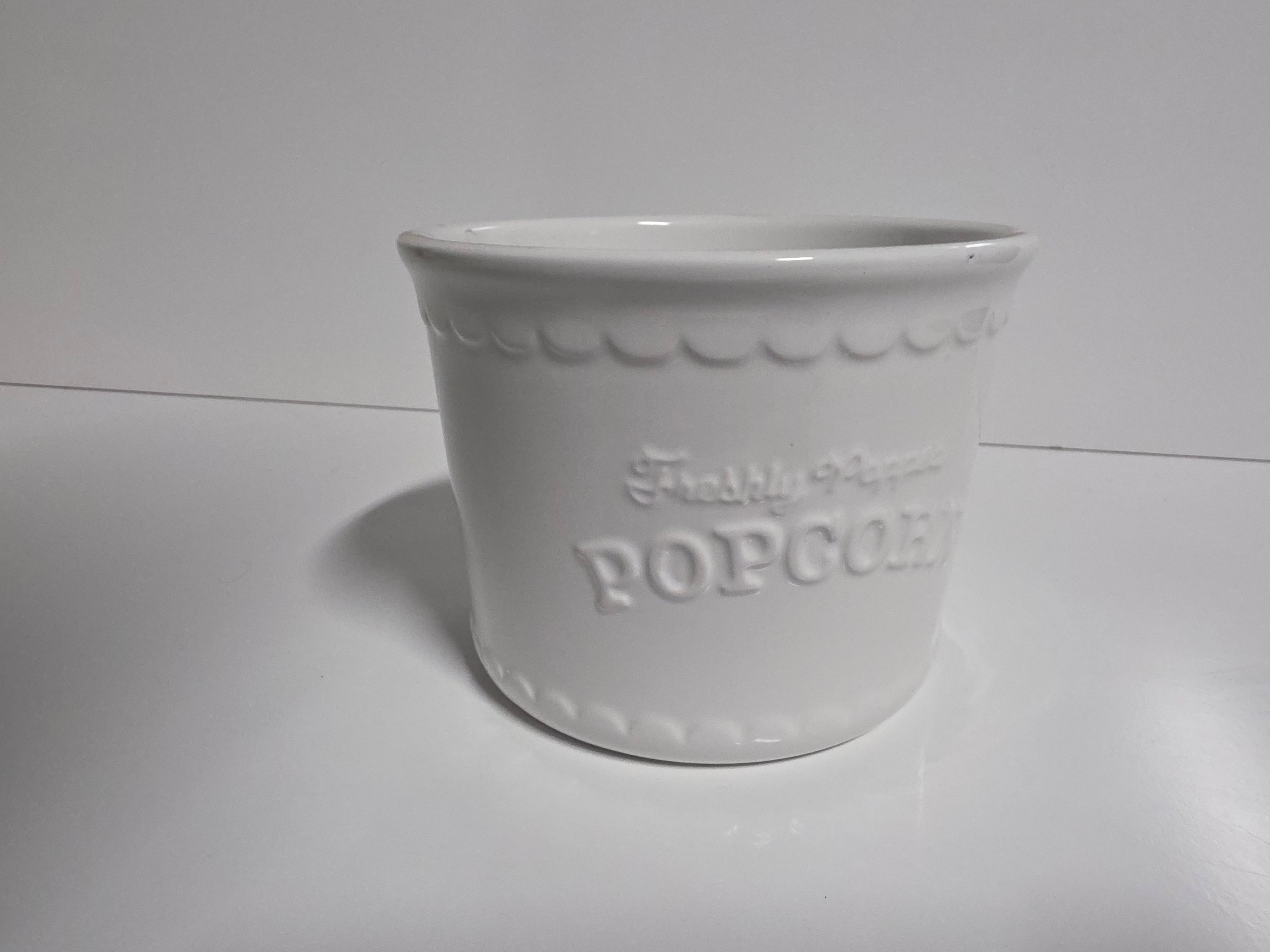 White Ceramic Popcorn Bowl Embossed Freshly Popped Design Microwave and Dishwasher Safe