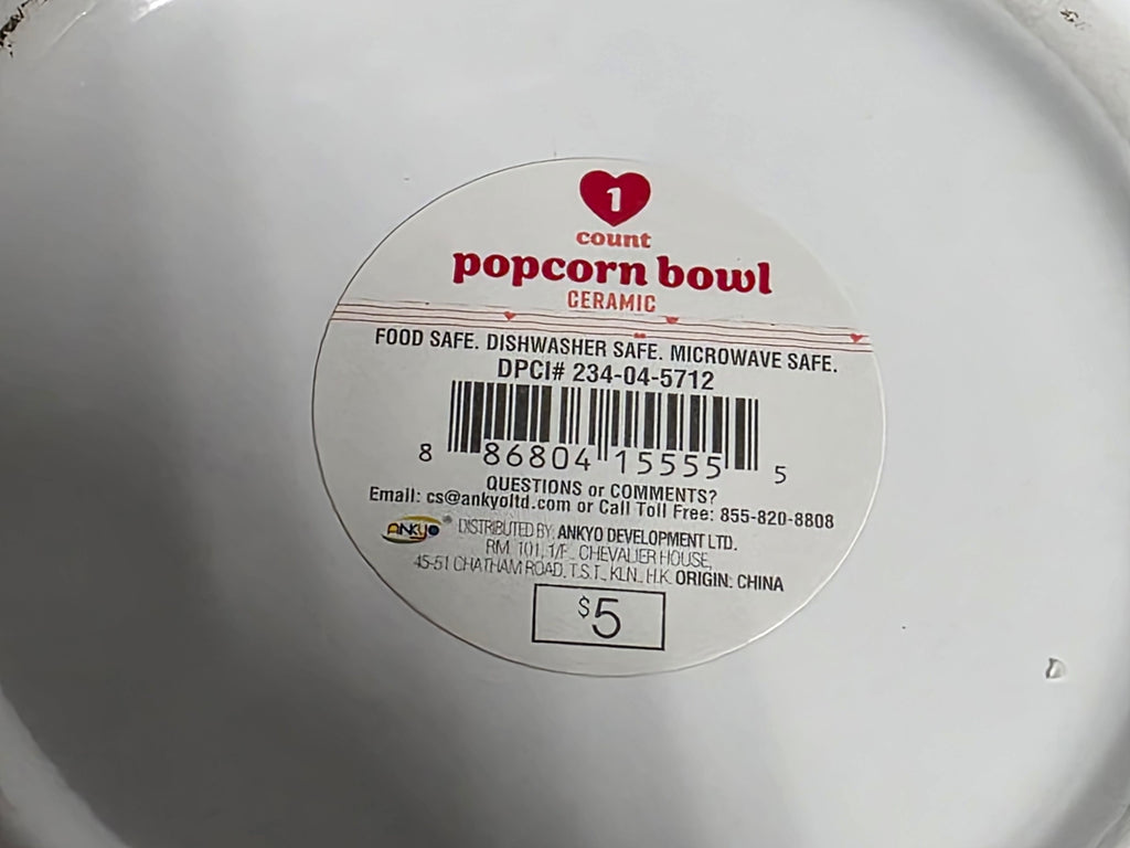 White Ceramic Popcorn Bowl Embossed Freshly Popped Design Microwave and Dishwasher Safe