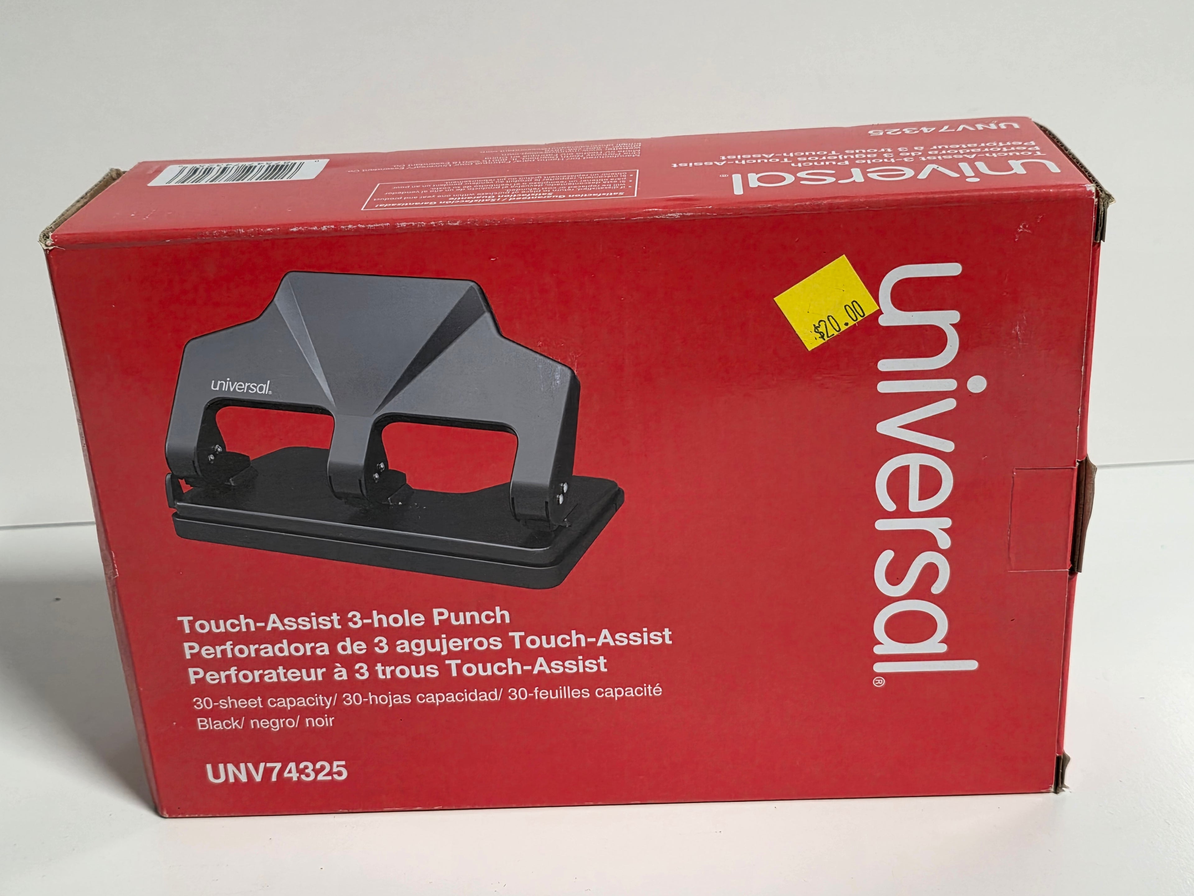 Universal Touch-Assist 3-Hole Punch – 30-Sheet Capacity, Black (UNV74325)