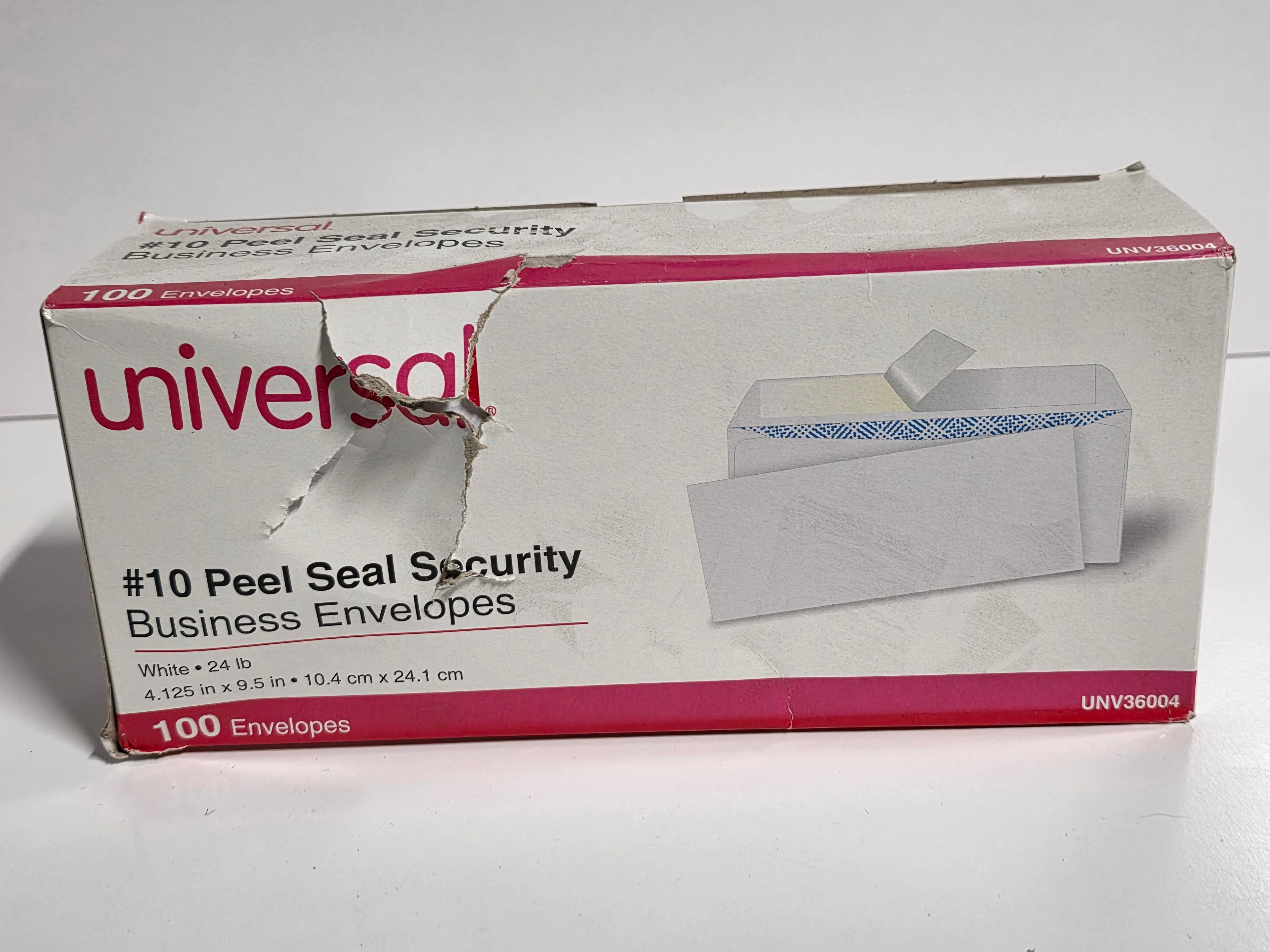 Universal #10 Peel & Seal Security Business Envelopes – 100 Count (UNV36004)