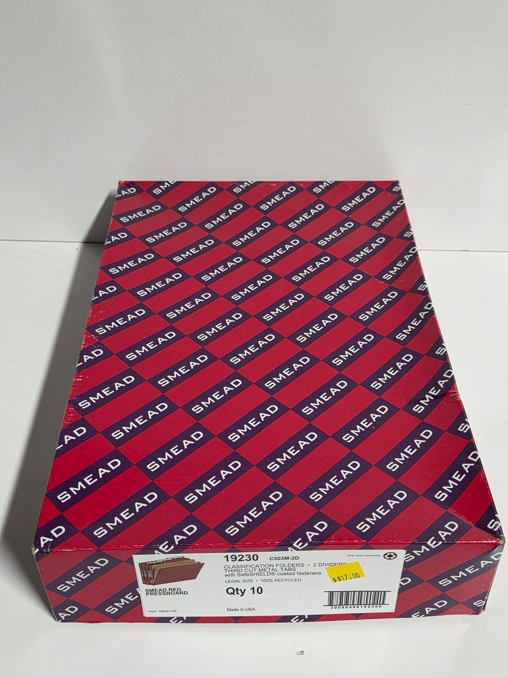 Smead 19230 Legal Size Red Pressboard Classification Folders 2 Dividers Box of 10 with SafeSHIELD Fasteners