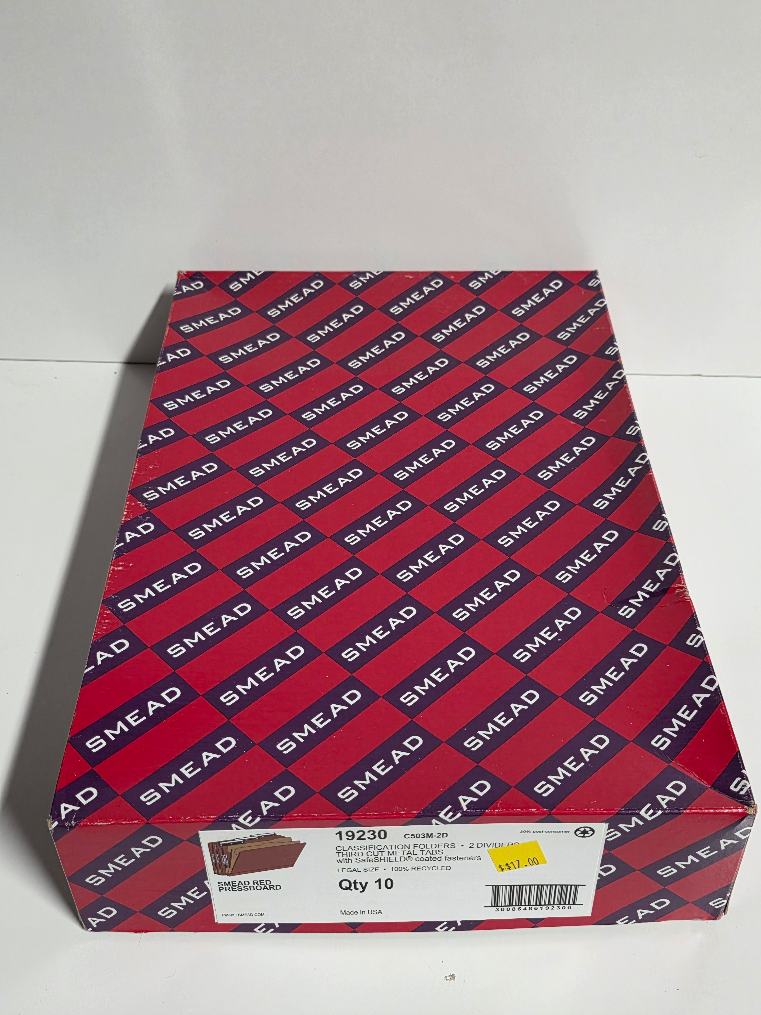 Smead 19230 Legal Size Red Pressboard Classification Folders 2 Dividers Box of 10 with SafeSHIELD Fasteners