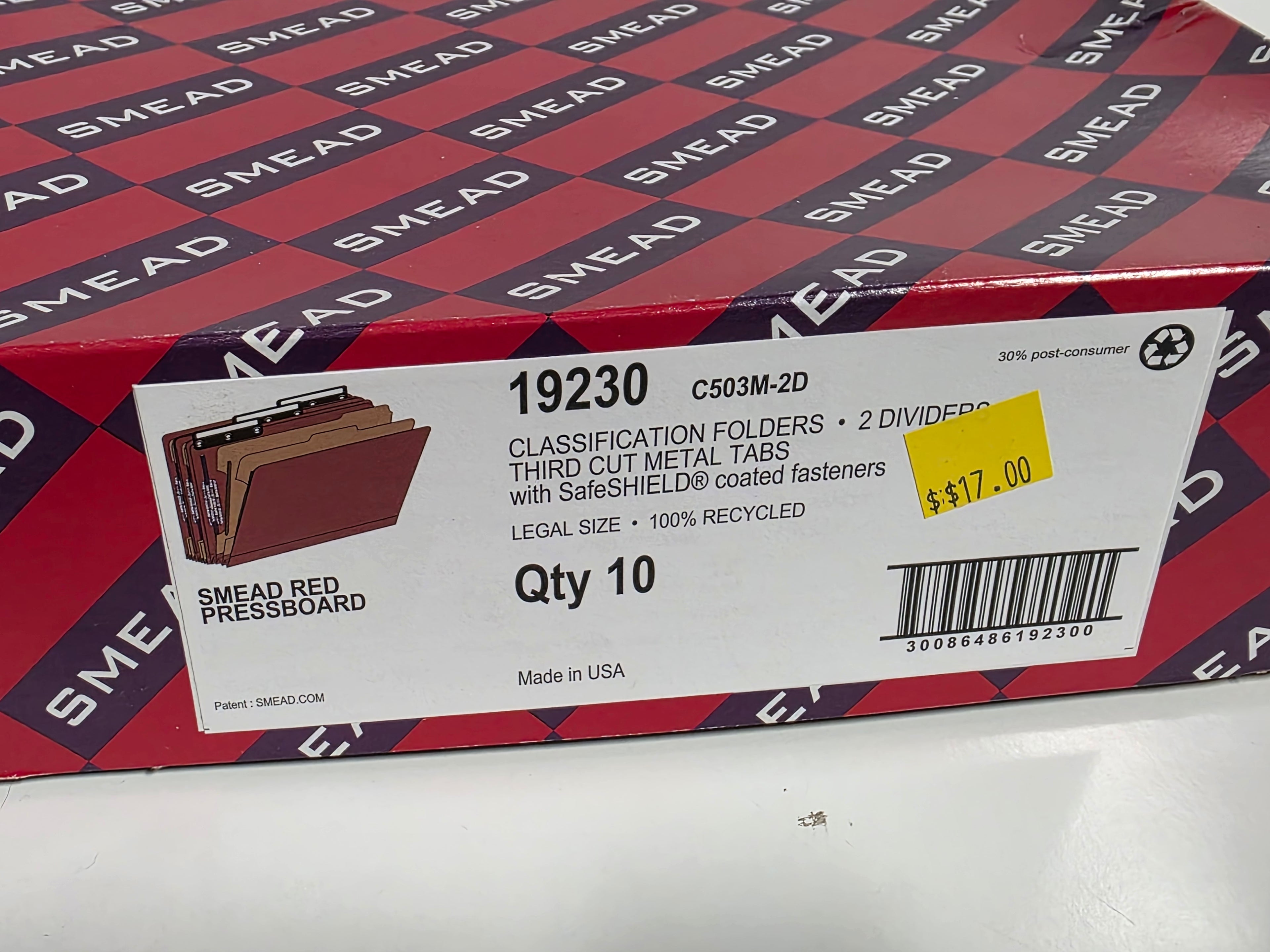 Smead 19230 Legal Size Red Pressboard Classification Folders 2 Dividers Box of 10 with SafeSHIELD Fasteners