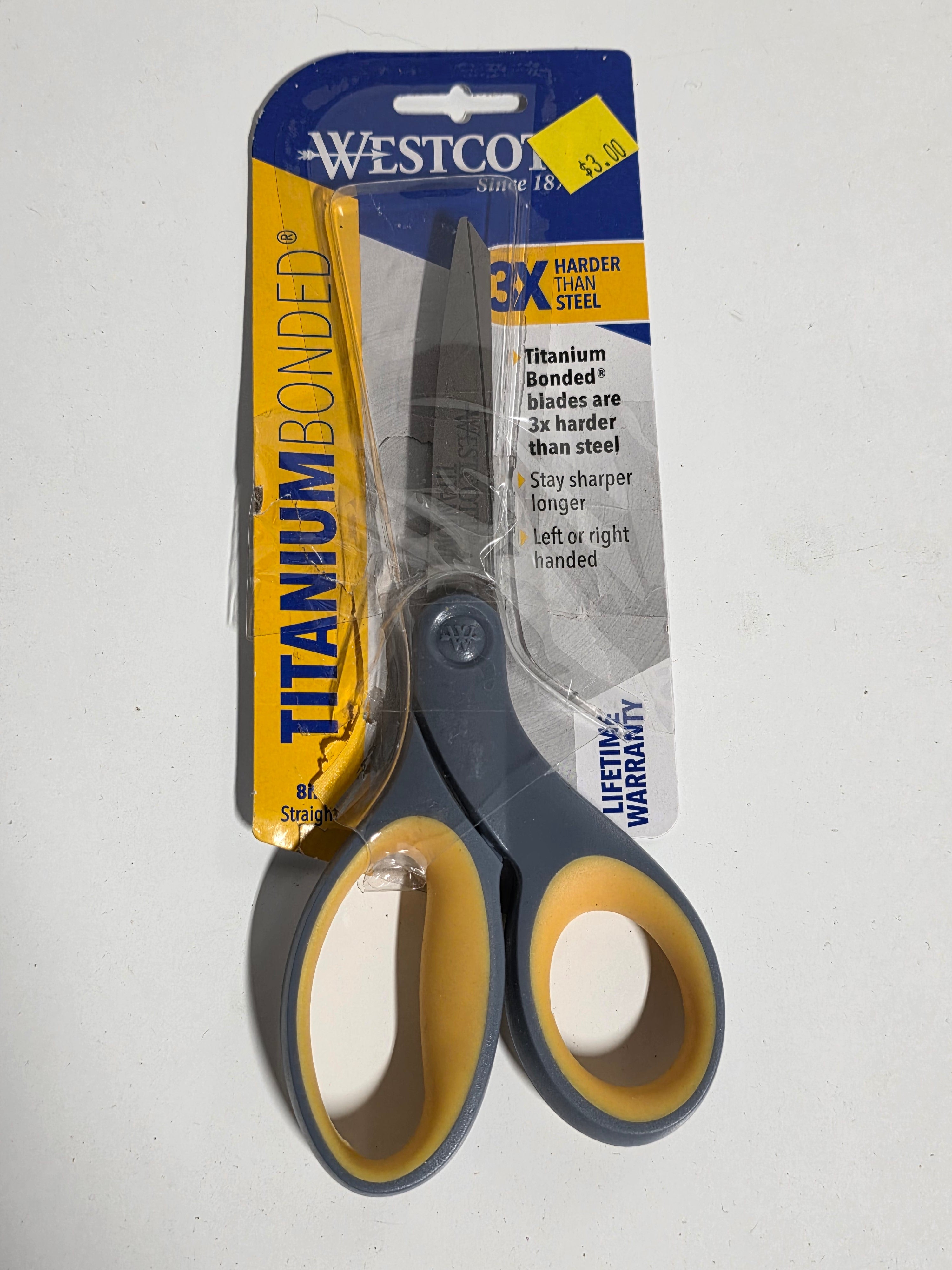 Westcott Titanium Bonded 8 Inch Scissors Gray and Yellow Comfort Grip Left or Right Handed Office Cutting Tool