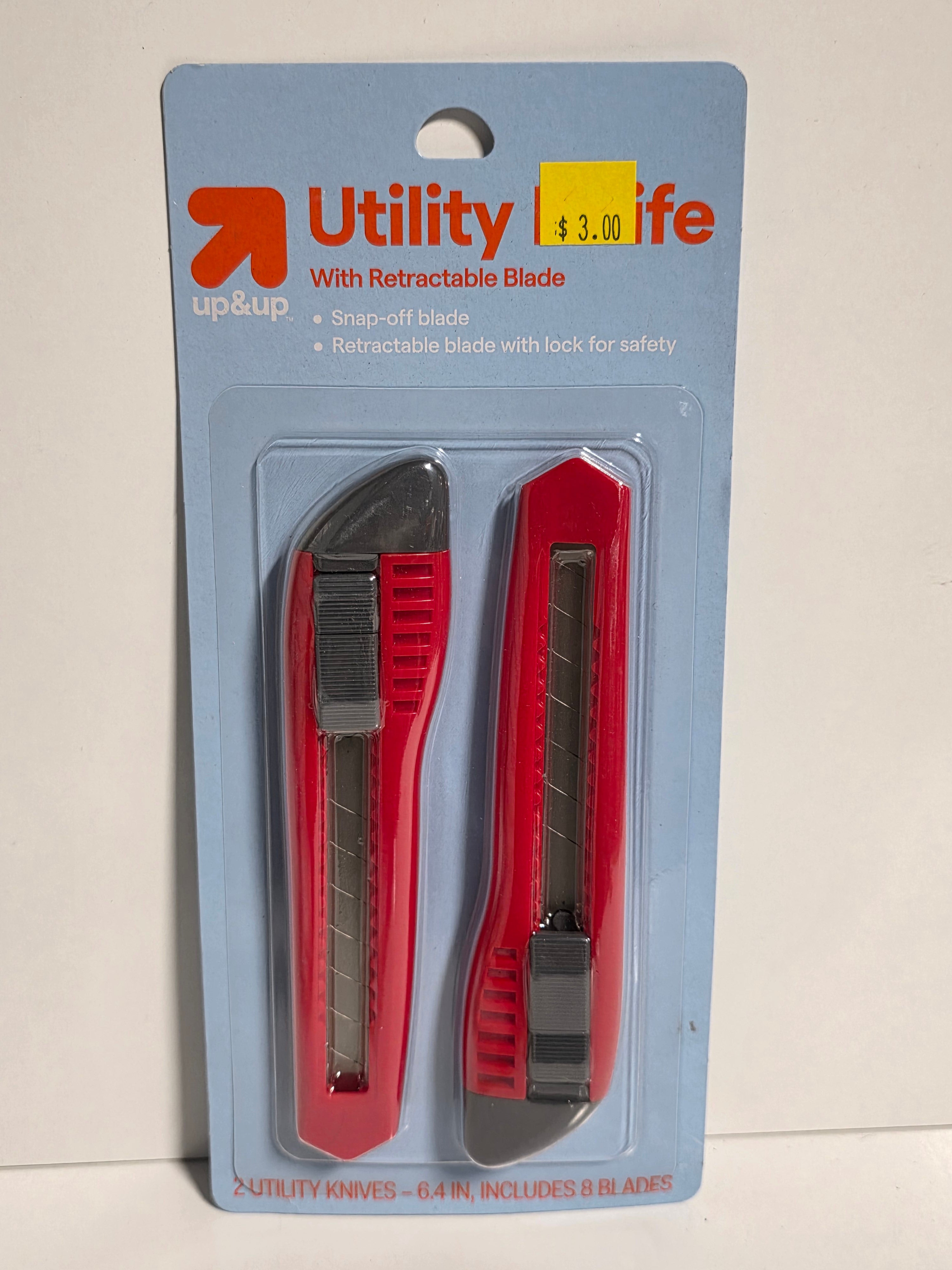 Up & Up Utility Knife Set 2 Pack 6.4 Inch Retractable Snap-Off Blades Safety Lock Red Hand Tools