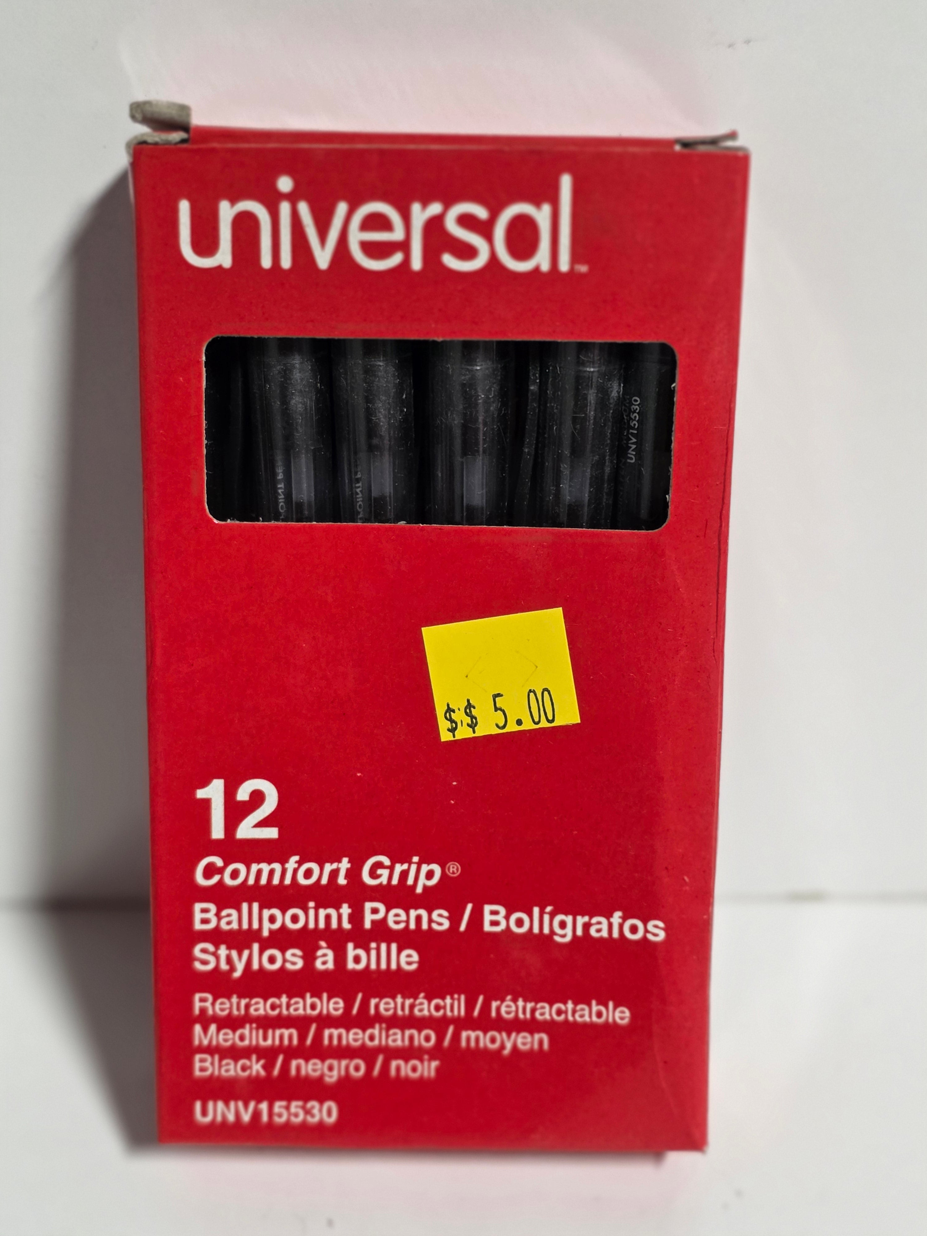 Universal Comfort Grip Retractable Ballpoint Pens Black Ink Medium Point Box of 12 Office Writing Supplies