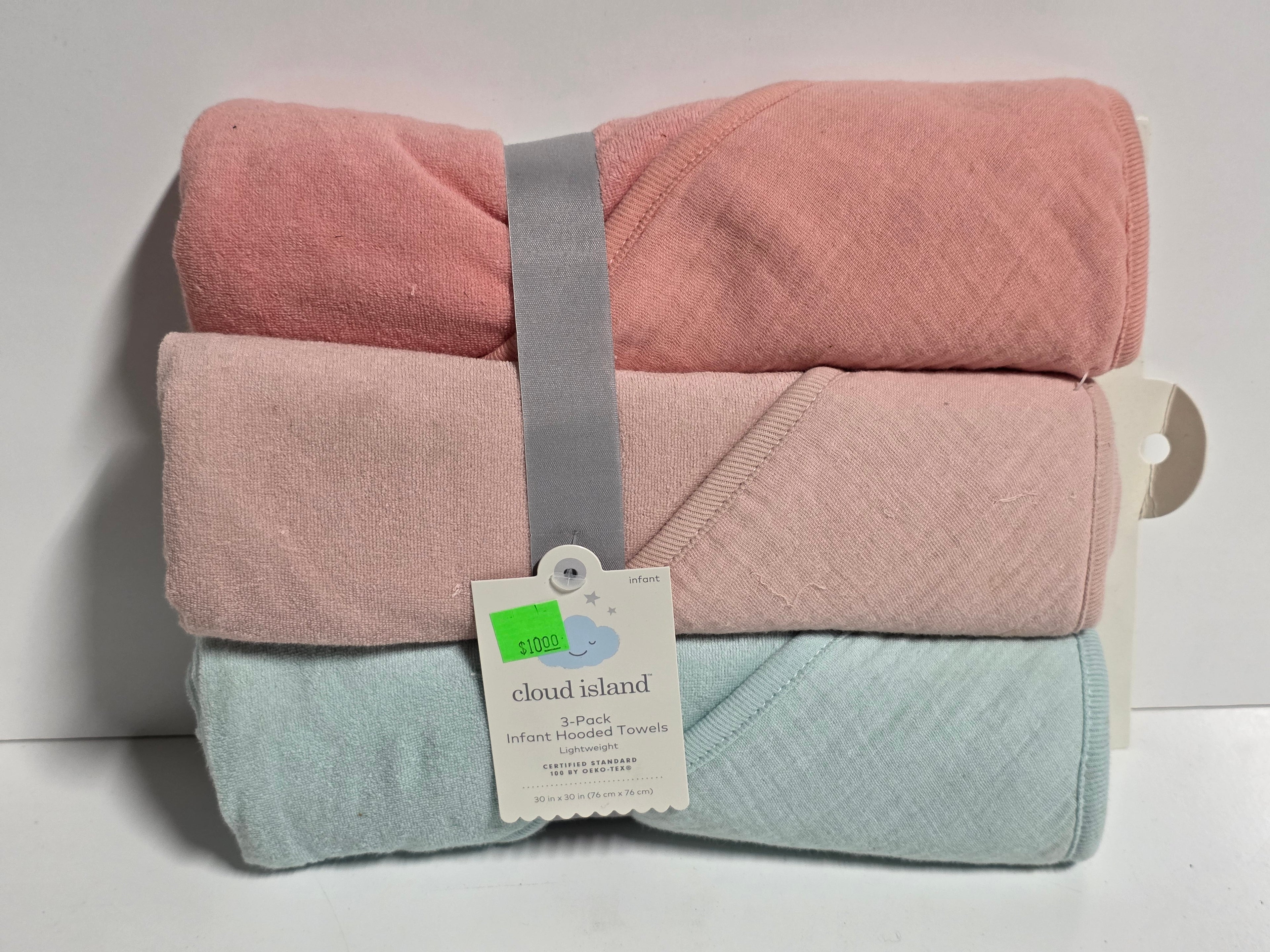 Cloud Island 3-Pack Infant Hooded Towels Lightweight Cotton 30x30 Pink and Blue Baby Bath Set