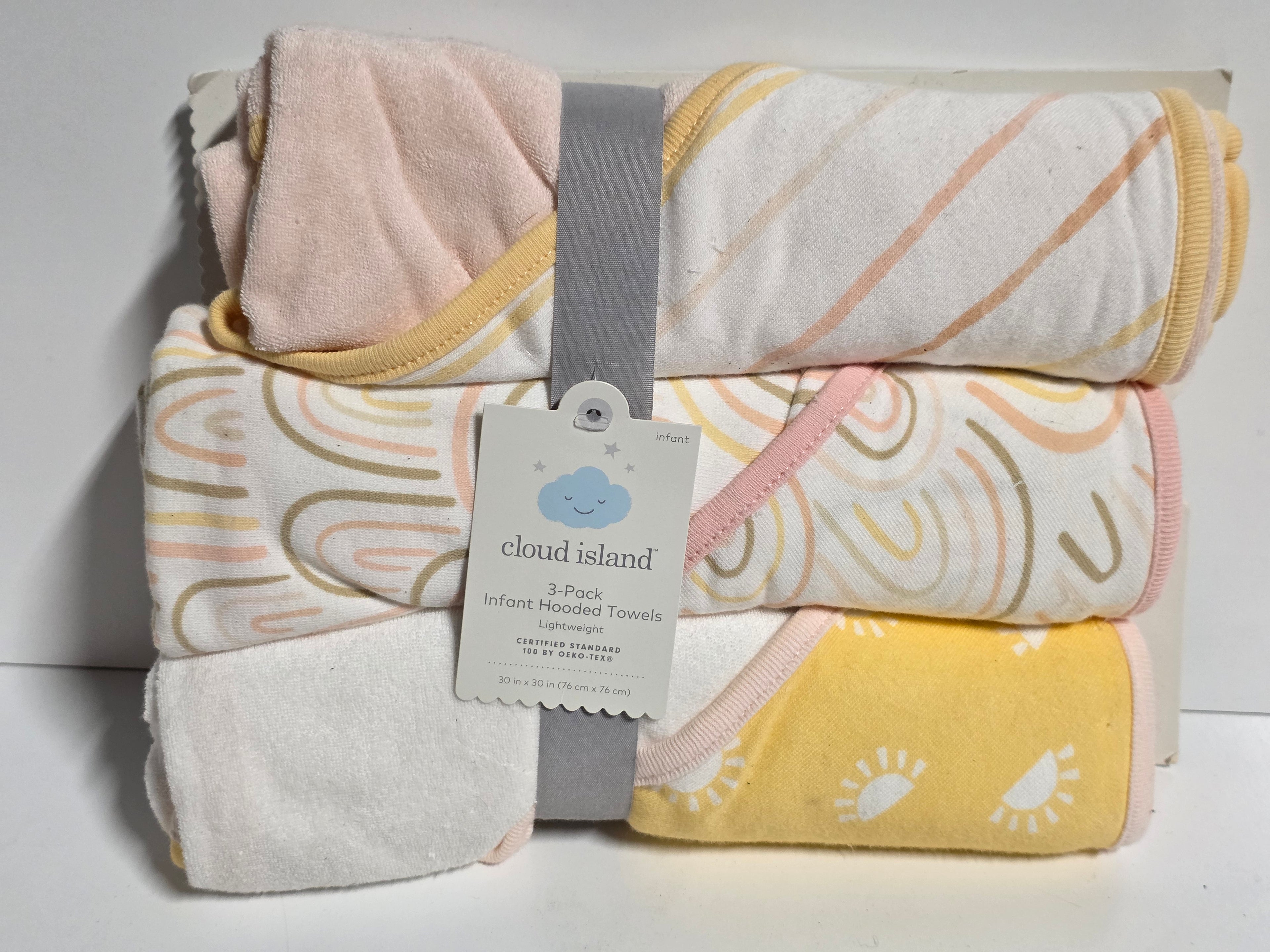 Cloud Island 3-Pack Infant Hooded Towels Lightweight Cotton 30x30 Rainbow and Sun Print Baby Bath Set
