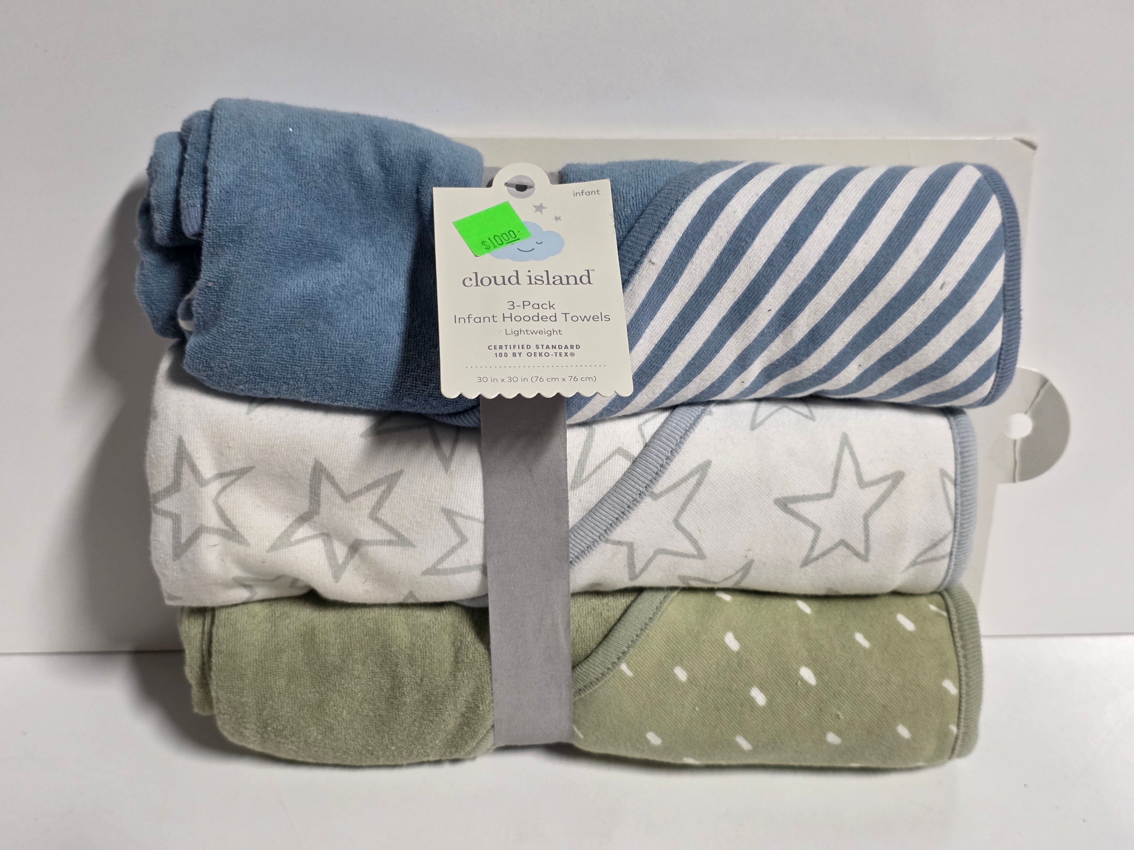 Cloud Island 3-Pack Infant Hooded Towels Lightweight Cotton 30x30 Stars Stripes and Sage Baby Bath Set