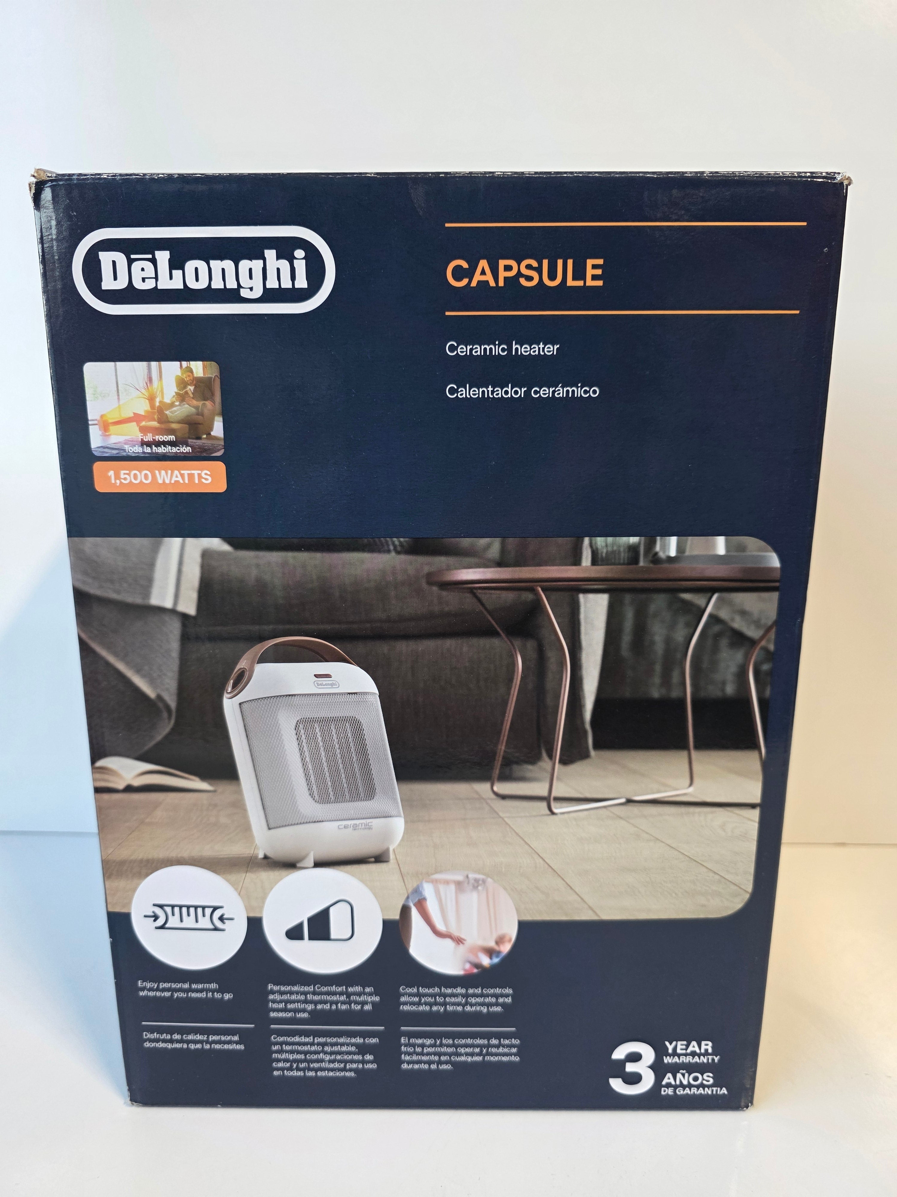 DeLonghi Capsule 1500W Ceramic Portable Space Heater with Adjustable Thermostat