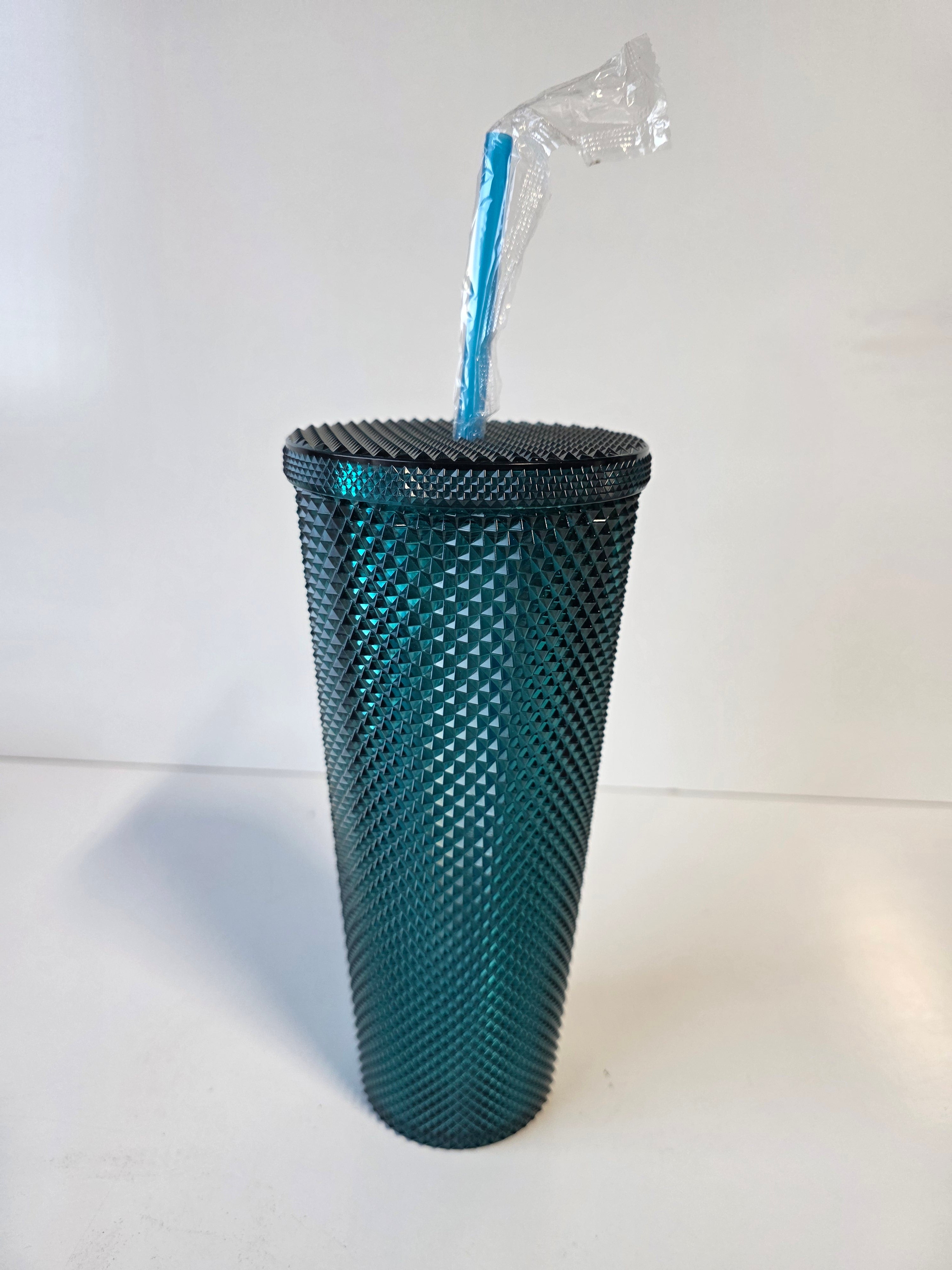 Teal Studded Reusable Tumbler Cup with Lid and Straw Textured Plastic 24oz New
