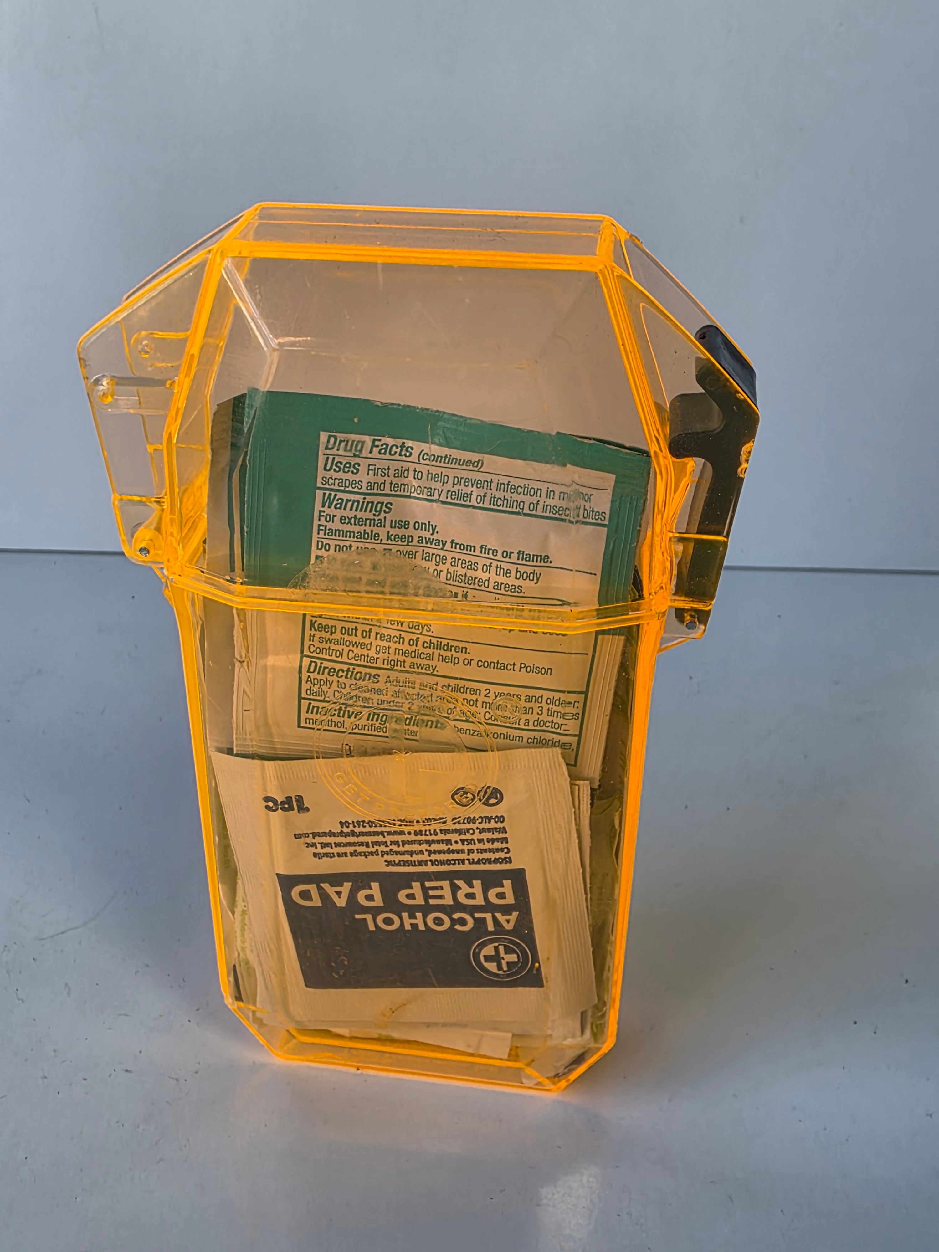 Amber Plastic First Aid Storage Box With Alcohol Prep Pads And Antiseptic Wipes