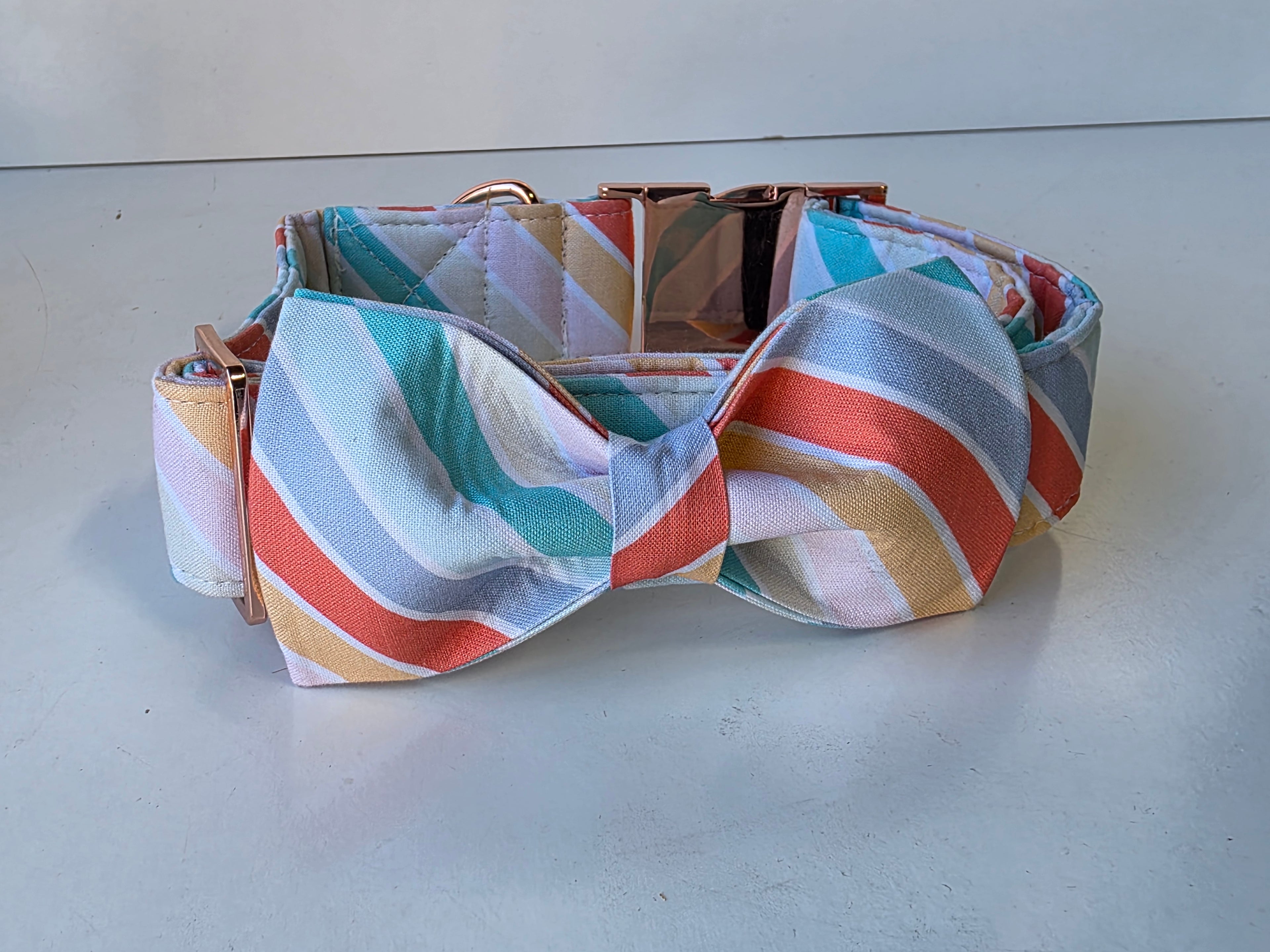 Aring Pet Colorful Stripe Dog Collar XL Adjustable Bowtie Design With Rose Gold Buckle
