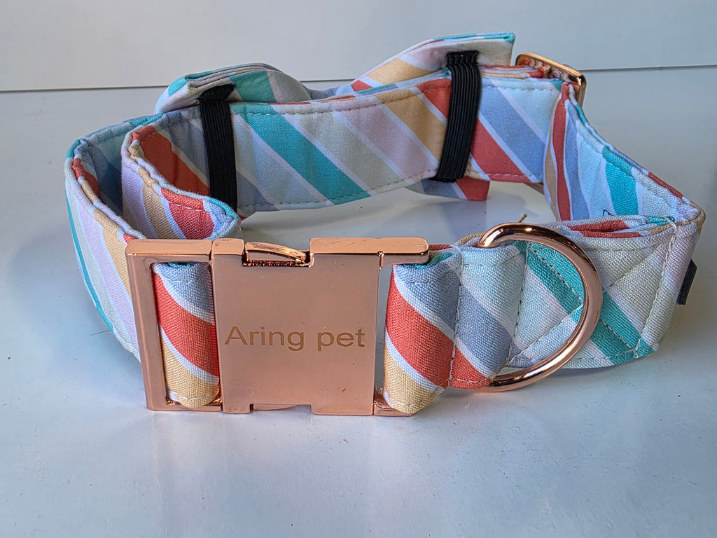 Aring Pet Colorful Stripe Dog Collar XL Adjustable Bowtie Design With Rose Gold Buckle