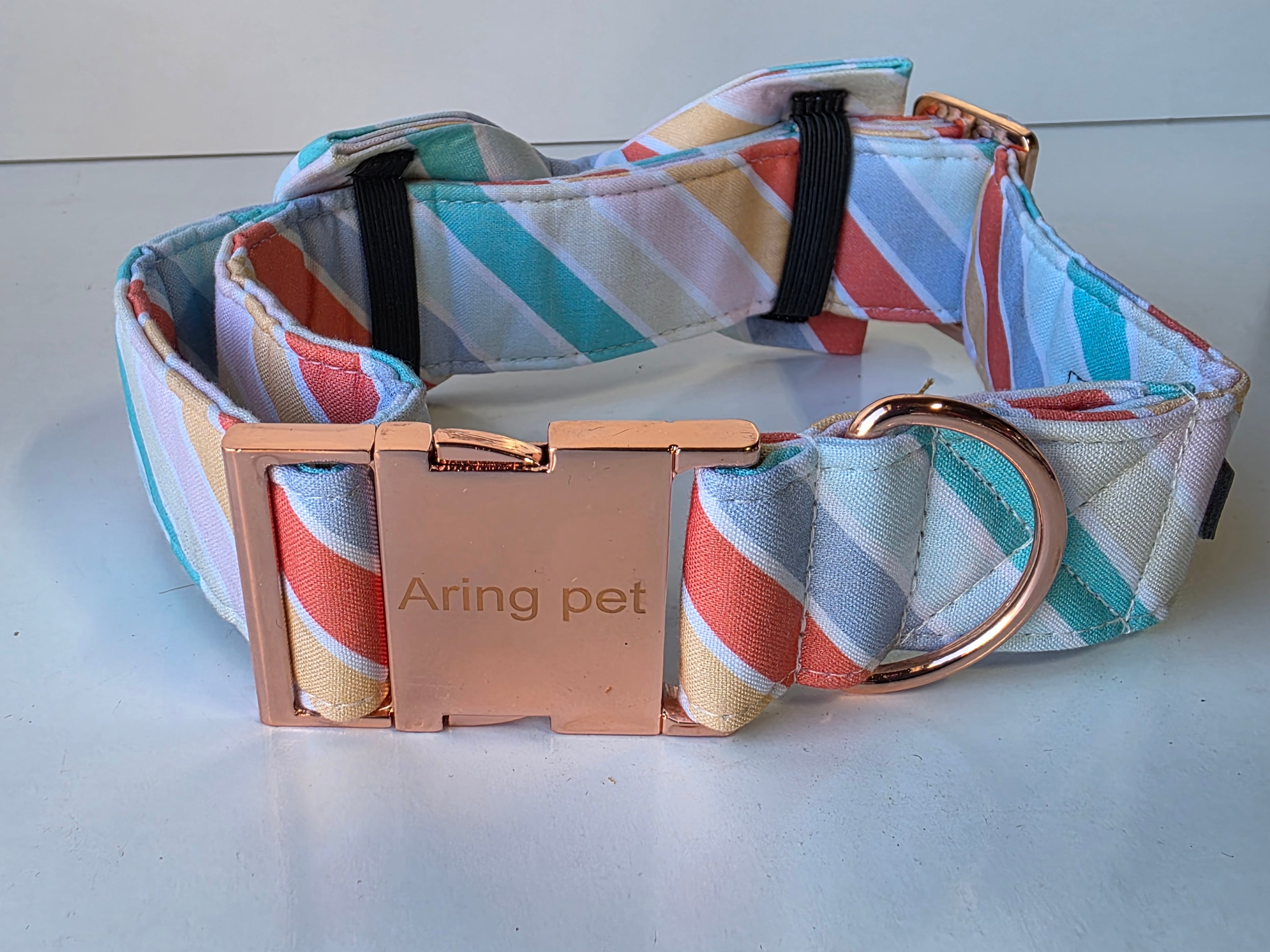 Aring Pet Colorful Stripe Dog Collar XL Adjustable Bowtie Design With Rose Gold Buckle