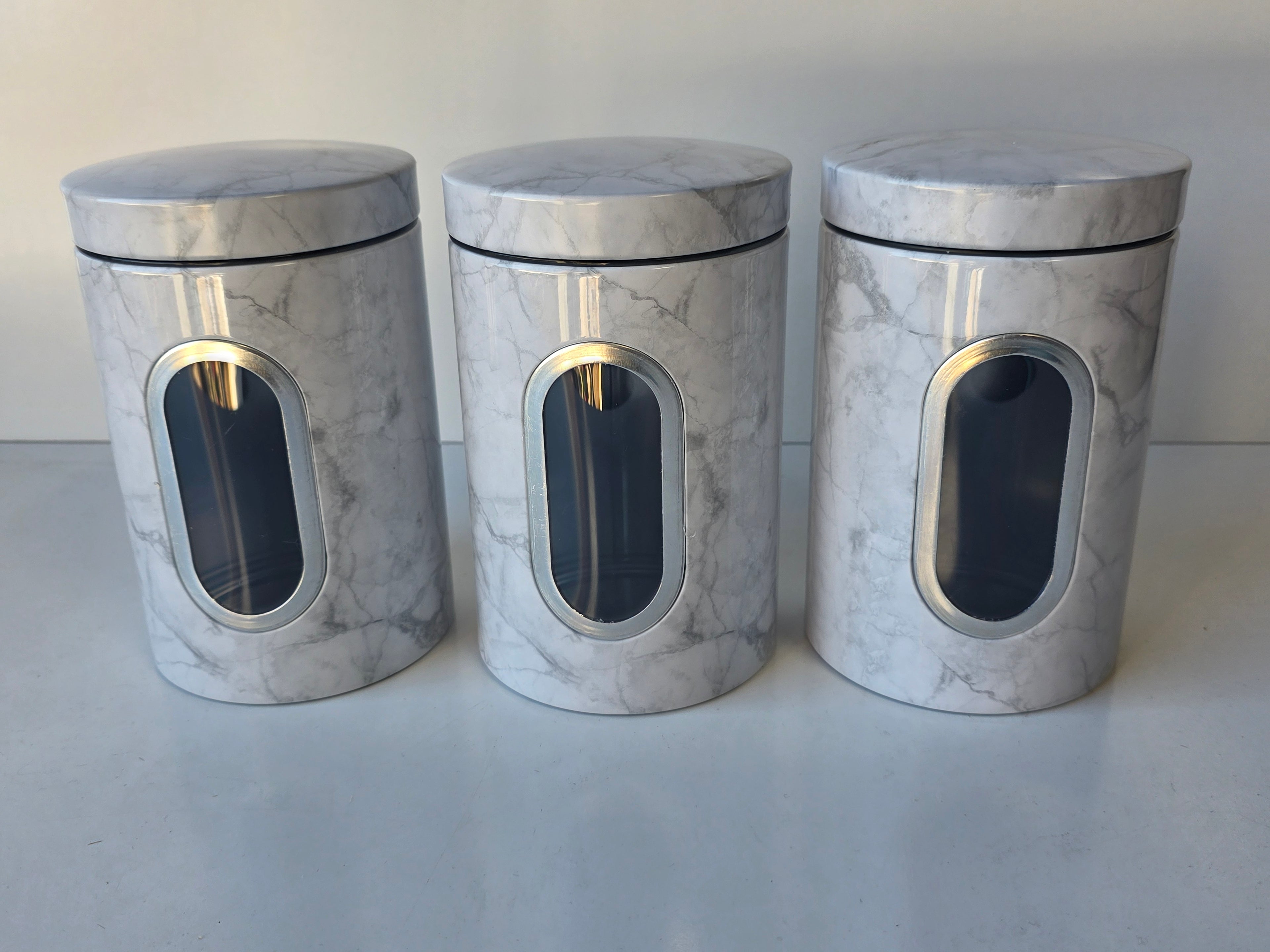 Marble Pattern Metal Canisters With Clear Windows 7 Inch Kitchen Storage Containers