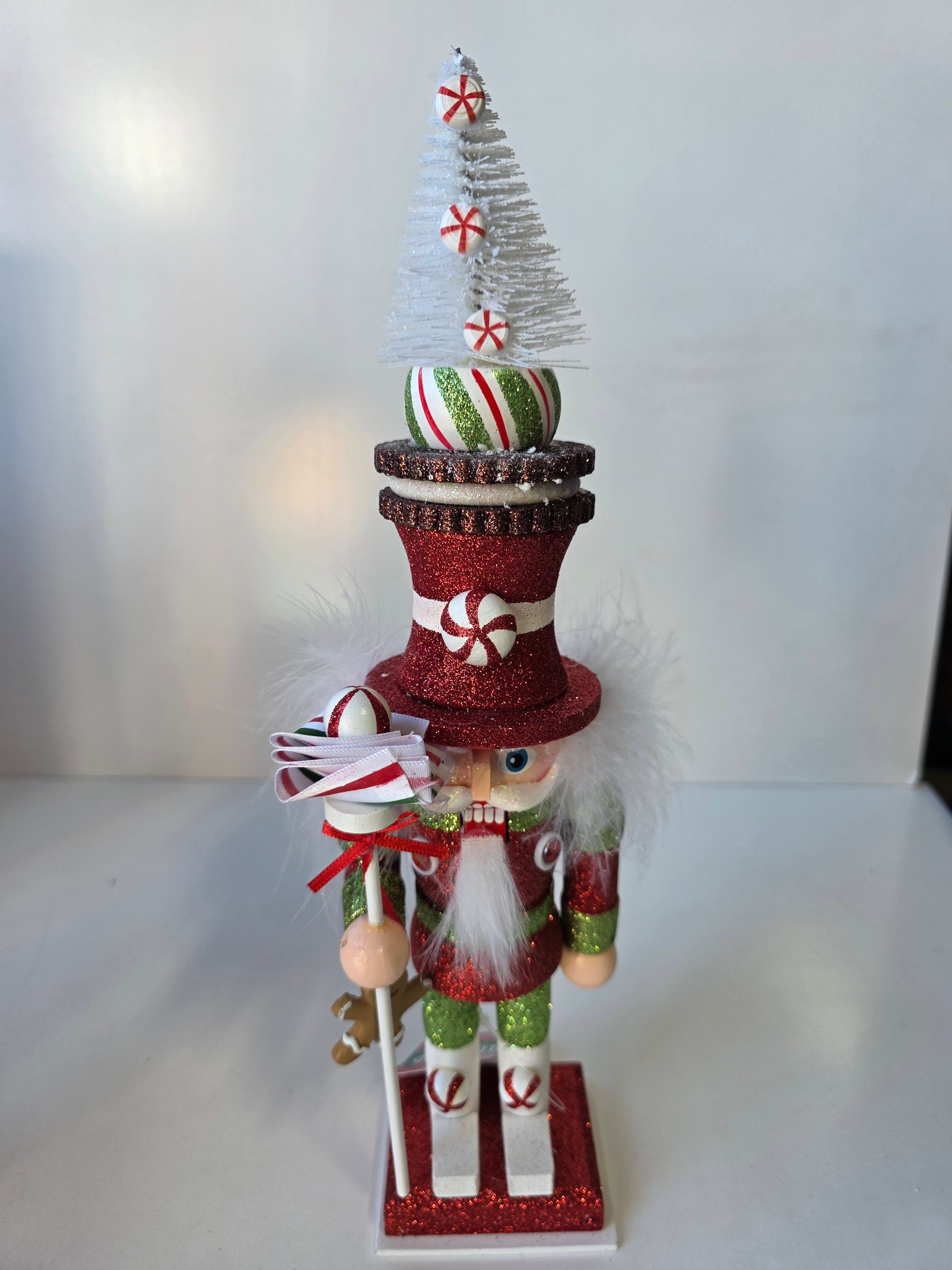 Peppermint Candy Nutcracker Christmas Red And Green Glitter Holiday Decor Figure