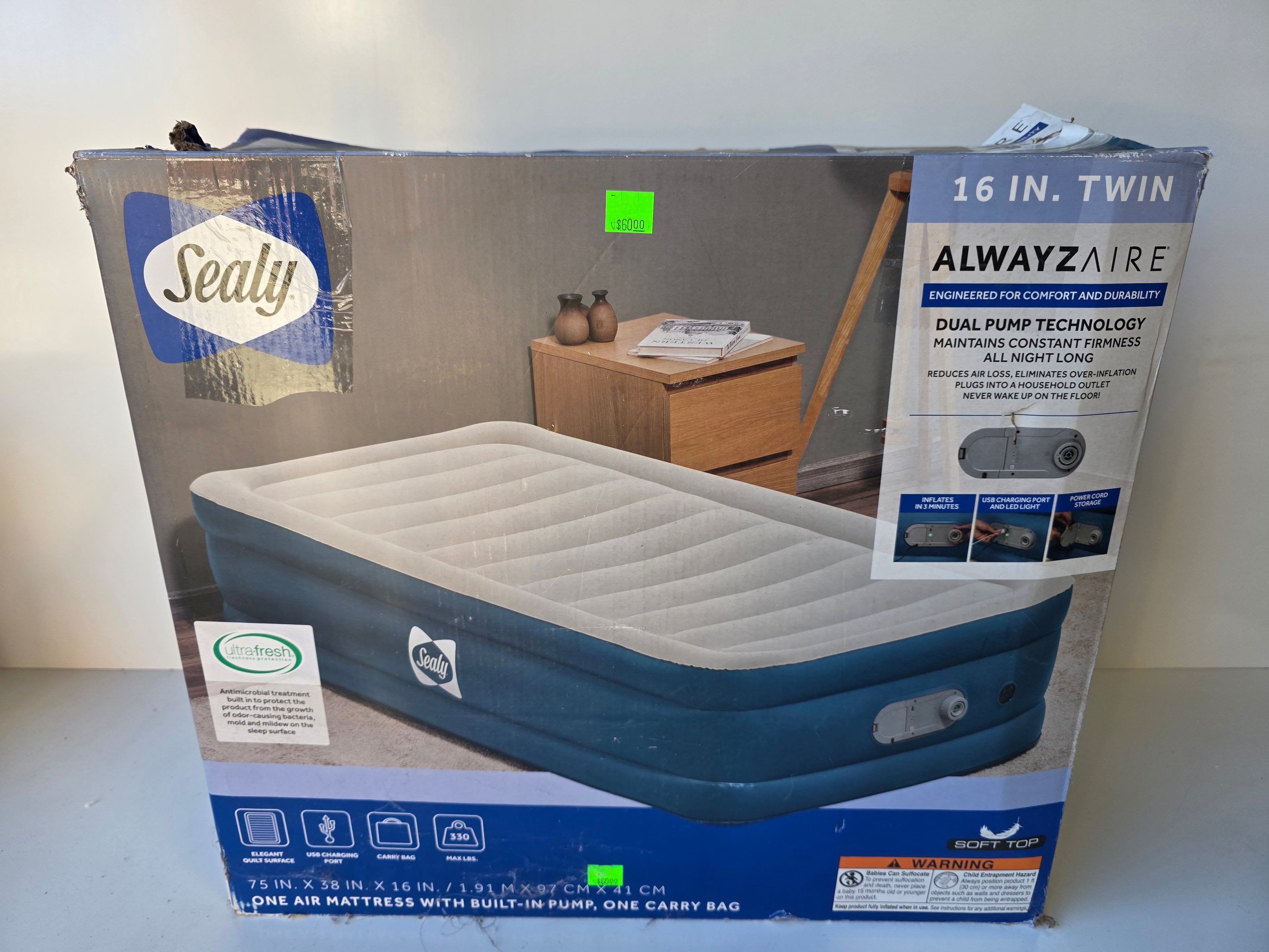 Sealy AlwayzAire 16 Inch Twin Air Mattress With Built In Pump And Carry Bag