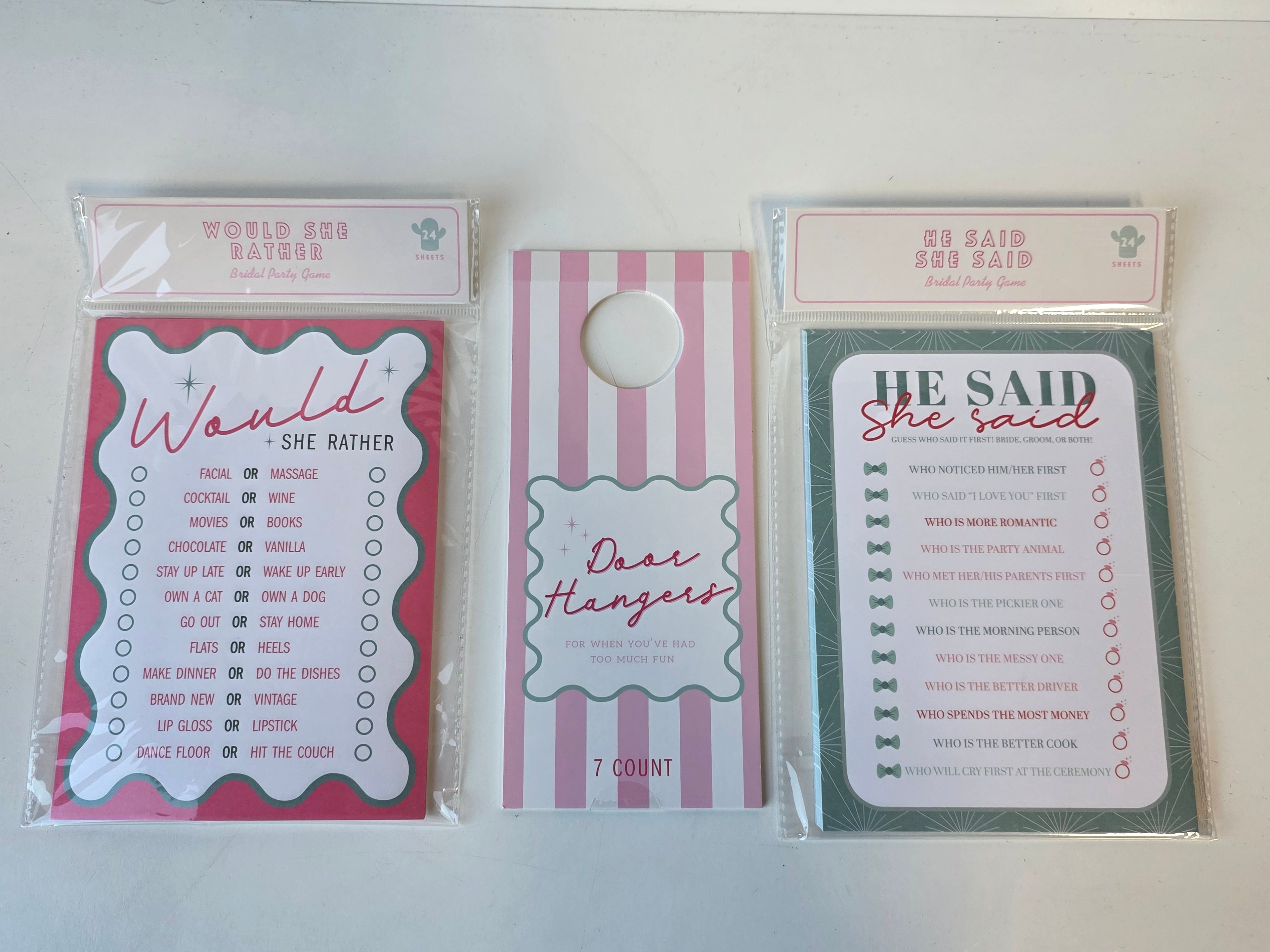NEW (Lot of 40) Bridal Party Games Door Hanger Would She Rather He Said She Said