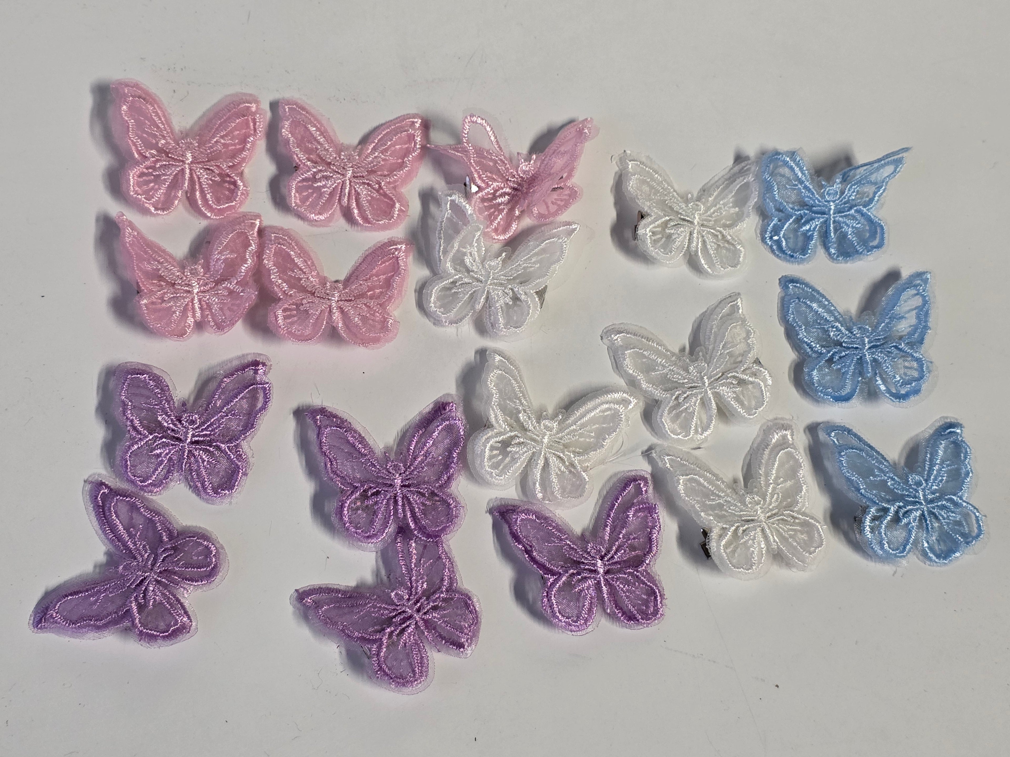 Lot of 18 Assorted Butterfly Hair Bows Set Pastel Pink Purple Blue And White Embroidered Clips