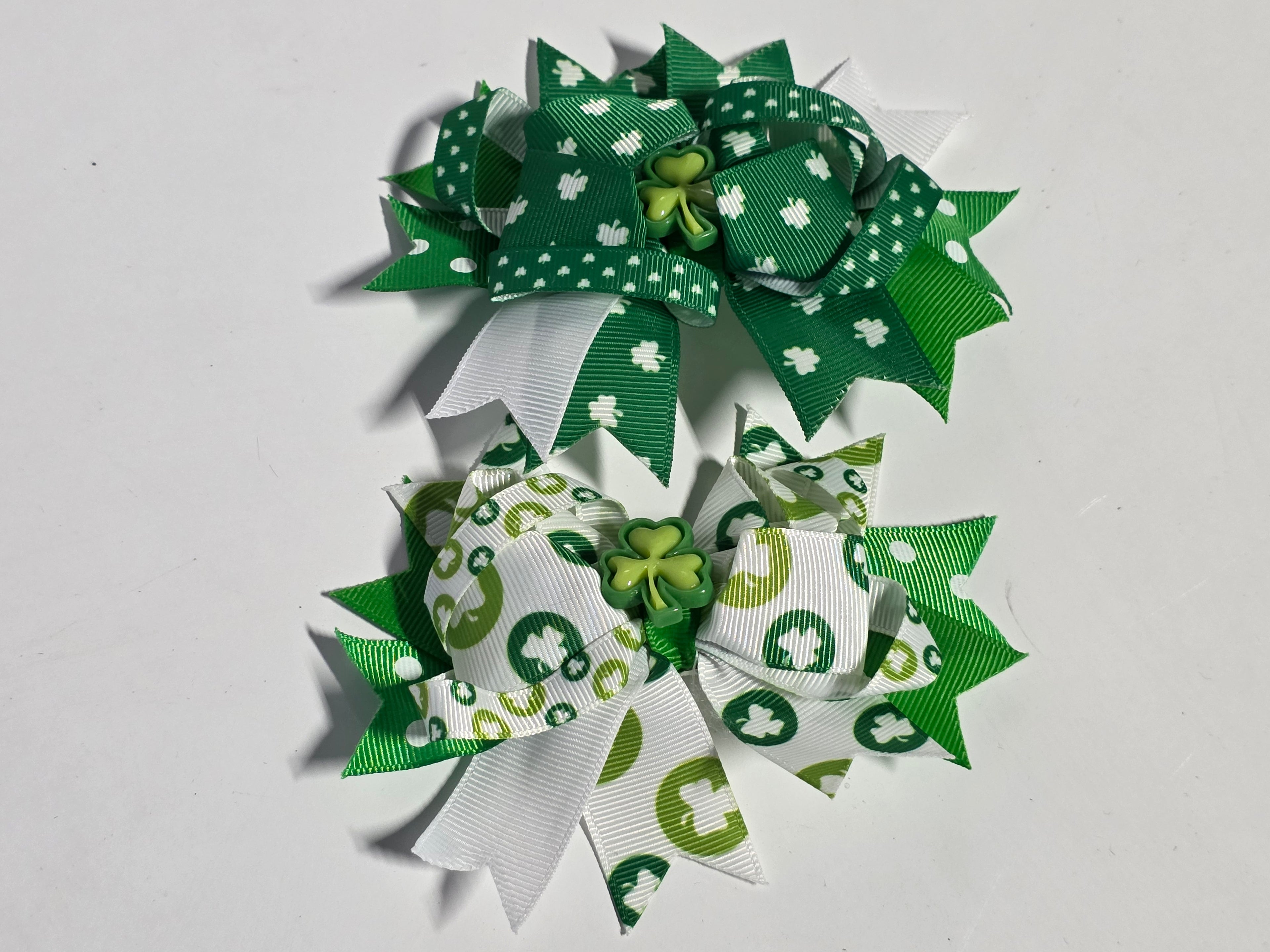 St. Patrick’s Day Shamrock Hair Bows Set Green And White Layered Ribbon Clips