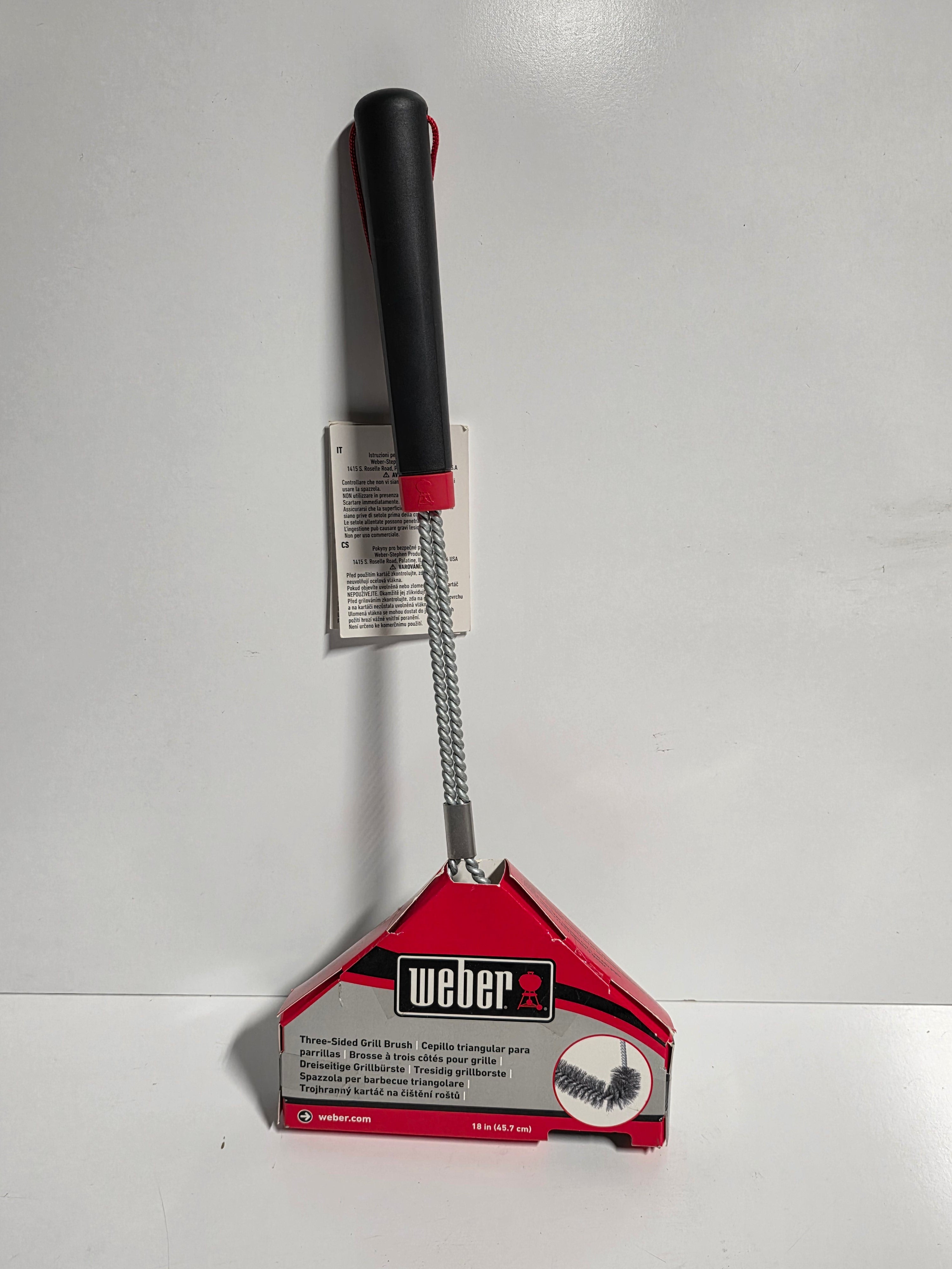 Weber Three-Sided Grill Brush – 18" Heavy-Duty Stainless Steel BBQ Cleaning Brush with Comfort Grip Handle