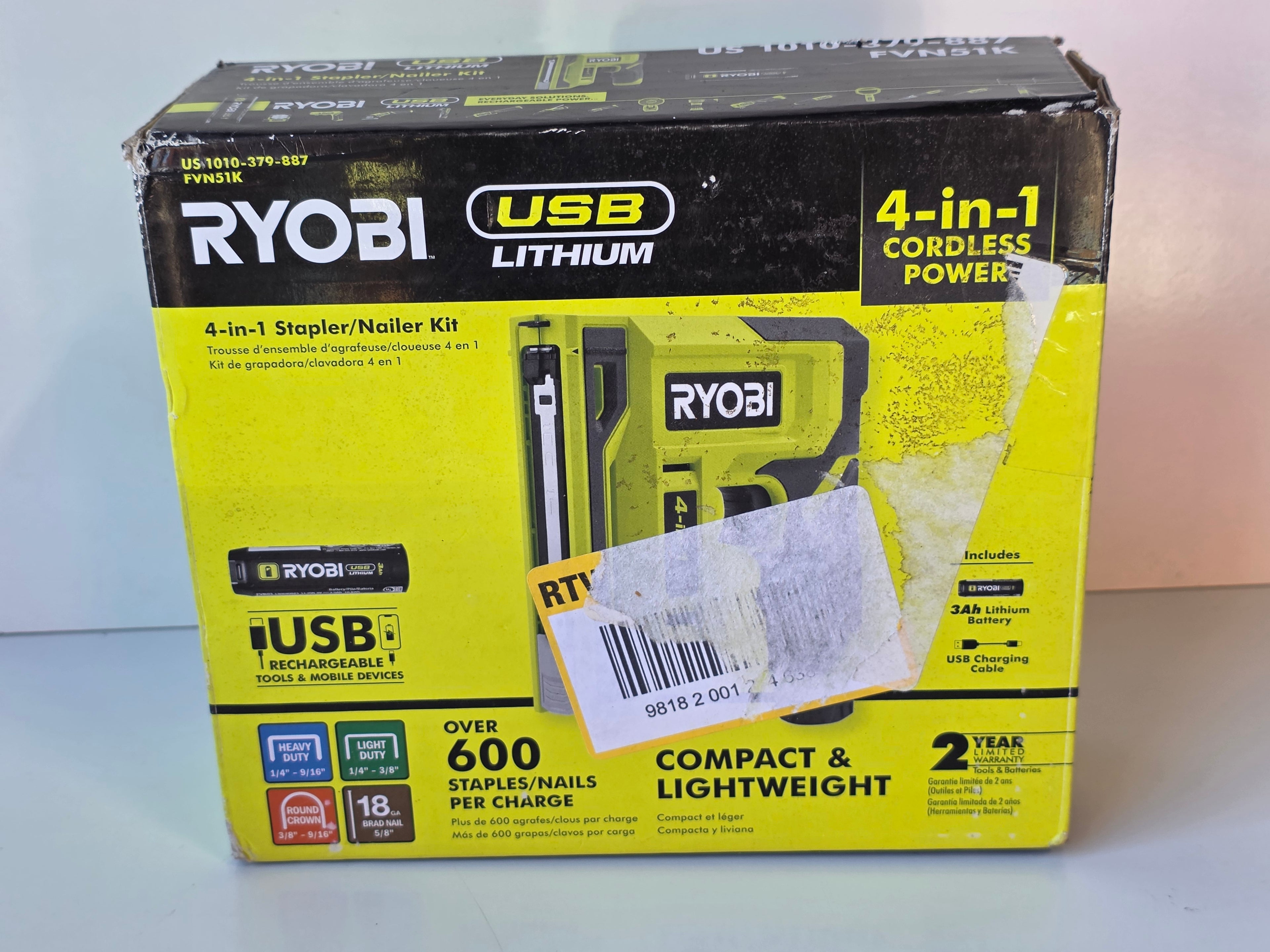Ryobi USB Lithium 4-in-1 Cordless Power Stapler Nailer Kit Tool Only Compact Handheld