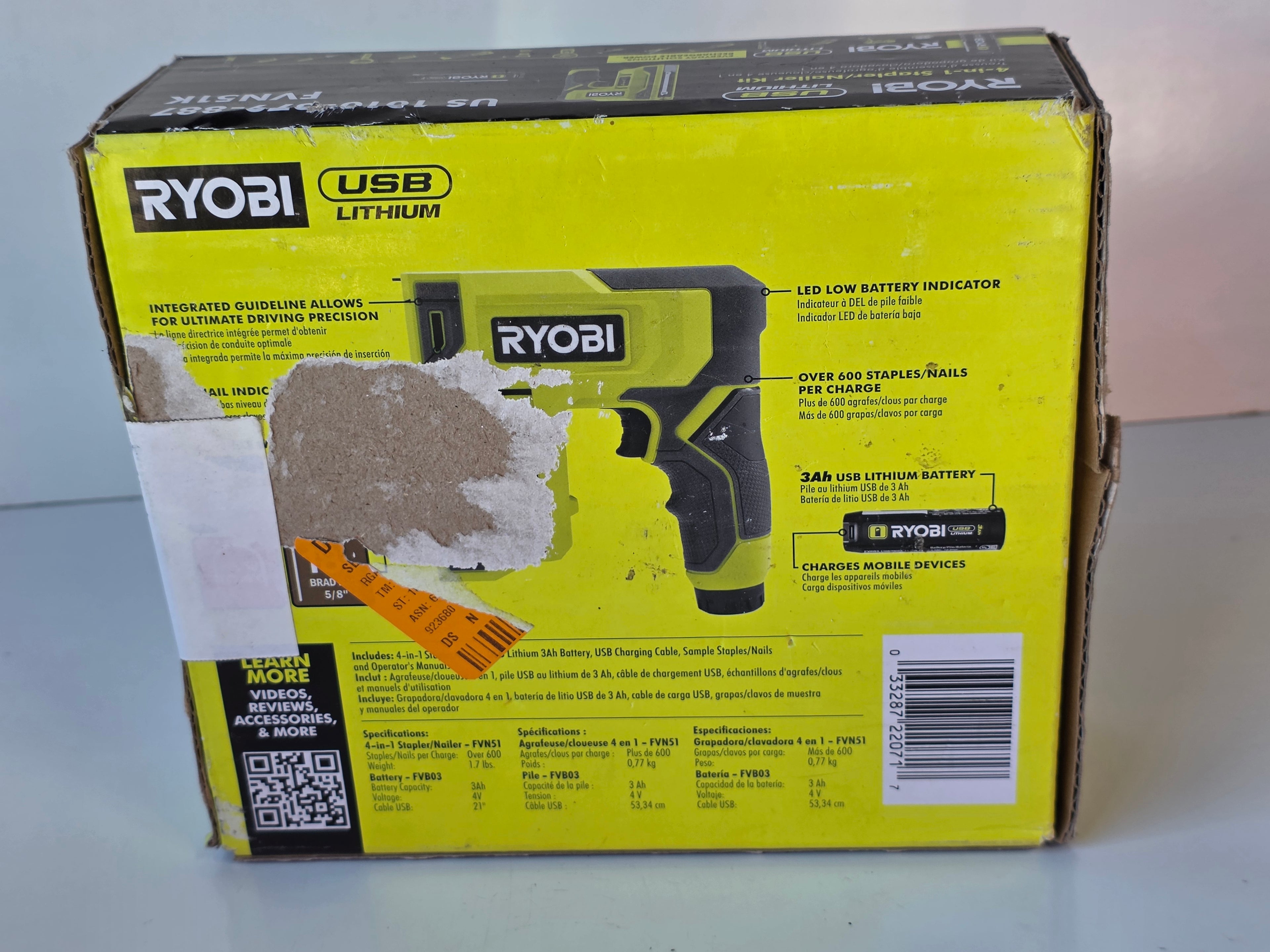 Ryobi USB Lithium 4-in-1 Cordless Power Stapler Nailer Kit Tool Only Compact Handheld