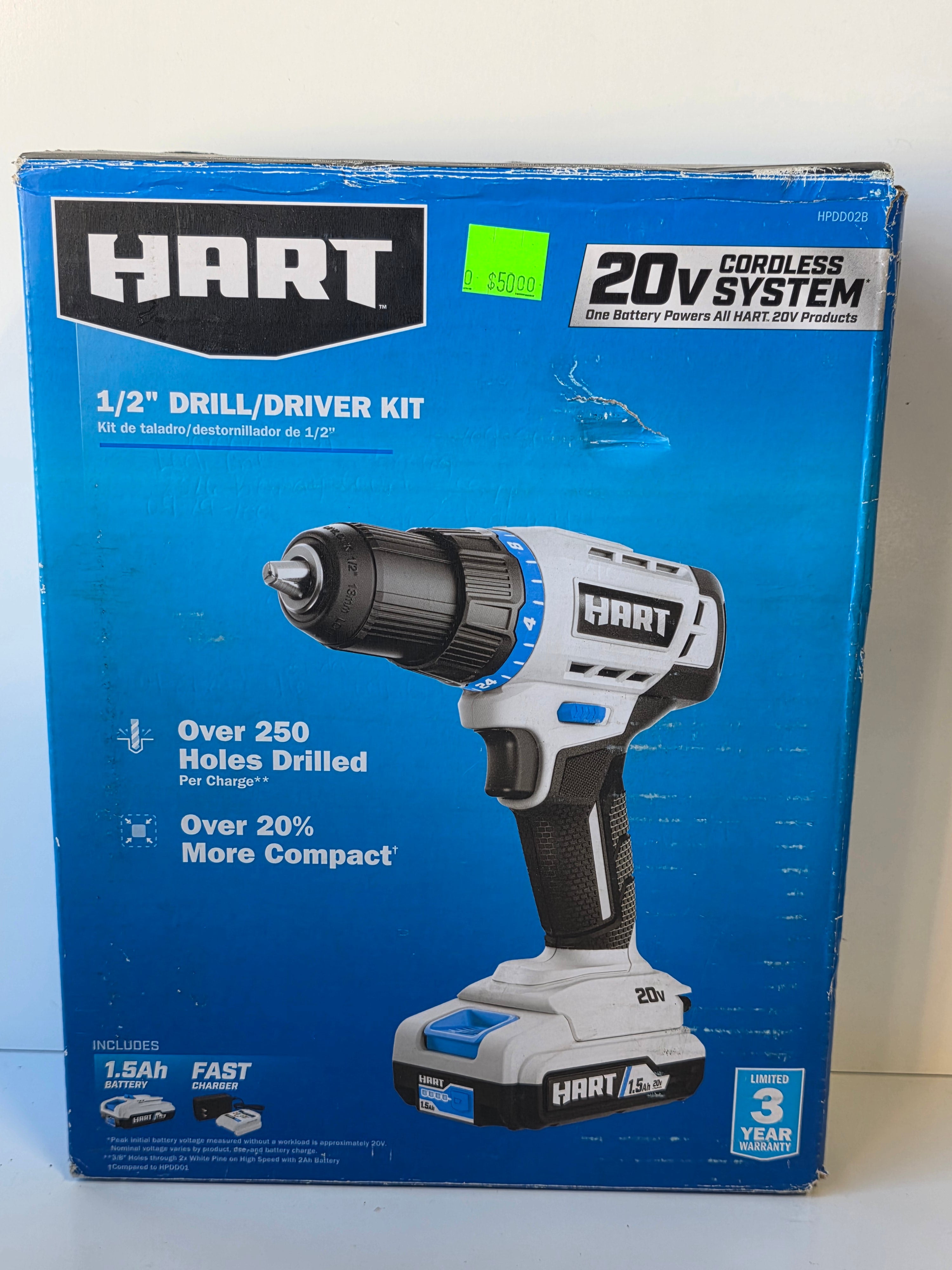 Hart 20V Cordless 1/2 Inch Drill Driver Kit with 1.5Ah Battery and Fast Charger HPDD02B