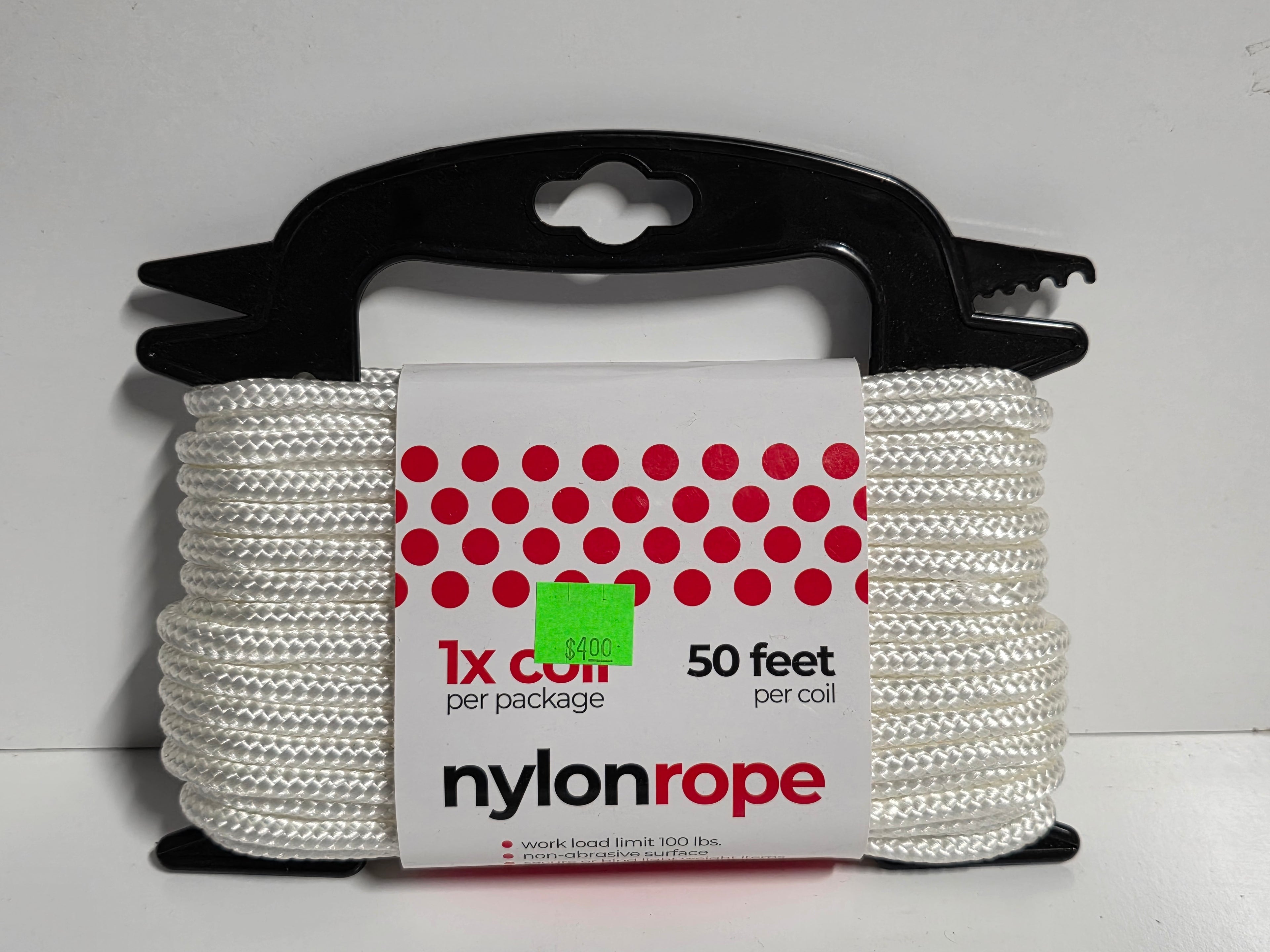 White Braided Nylon Rope 50 Foot Coil Utility Cord 100 lb Work Load Lightweight Line