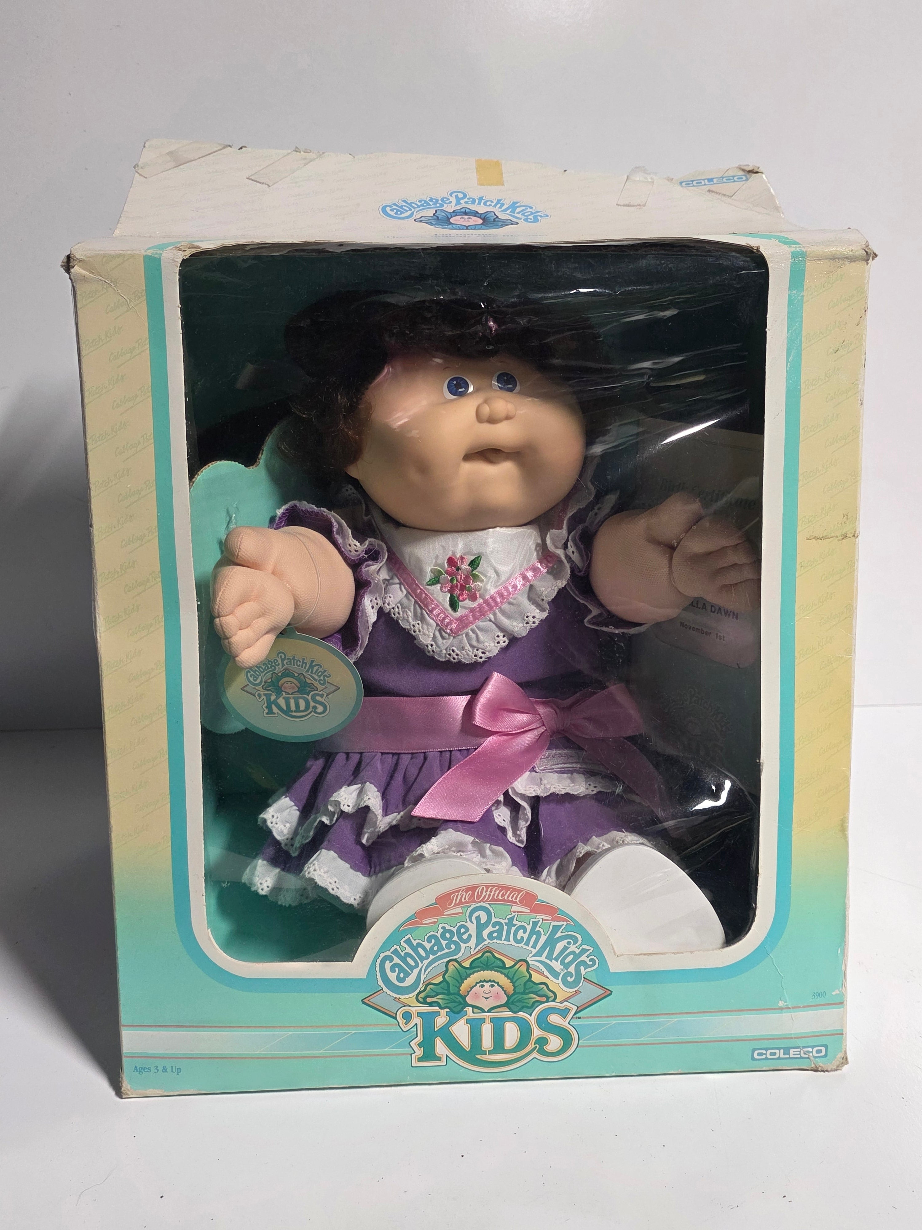 Vintage Coleco Cabbage Patch Kids Doll in Box 1980s Original Purple Dress Collectible Toy