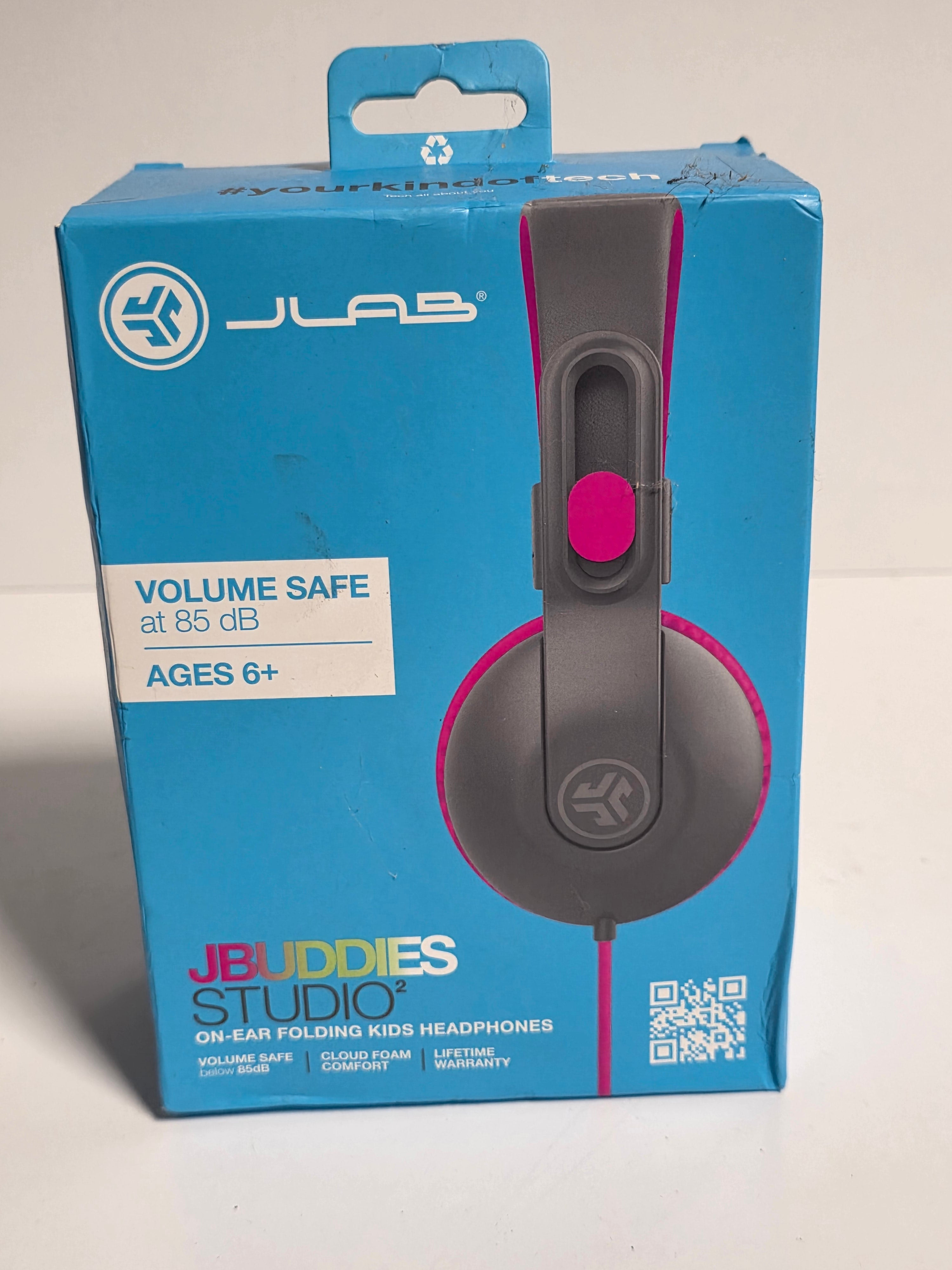 JLab JBuddies Studio 2 Kids On-Ear Folding Headphones Volume Safe 85dB Pink Gray