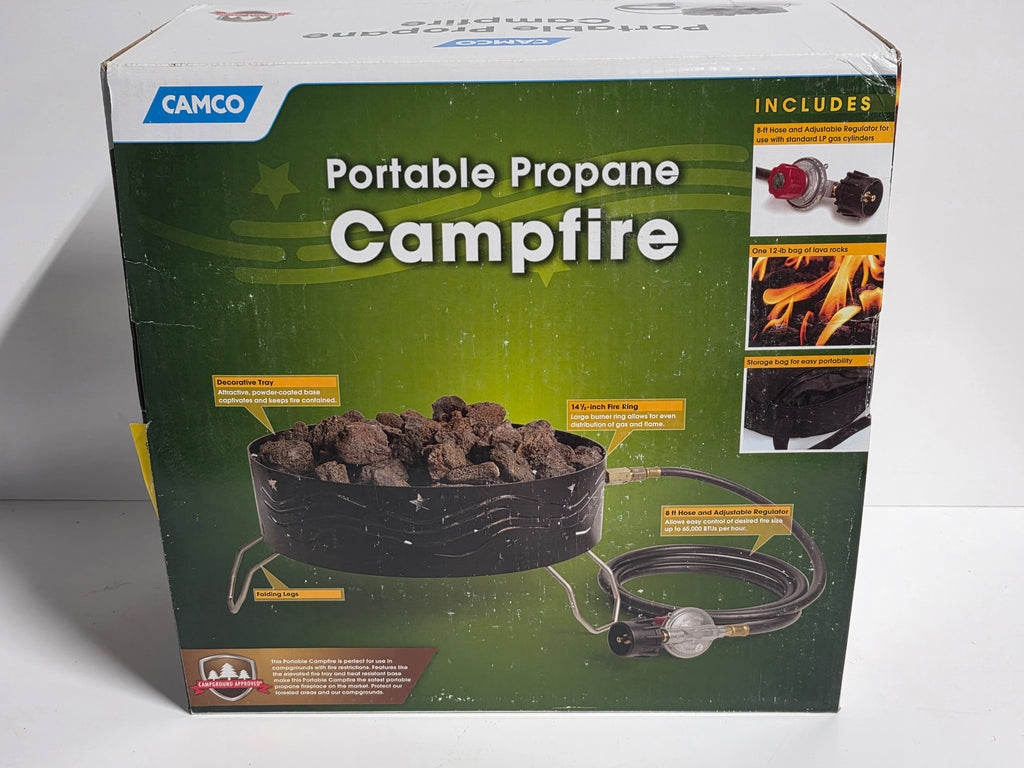 Camco Portable Propane Campfire with Lava Rocks and Hose Outdoor Gas Fire Pit Set